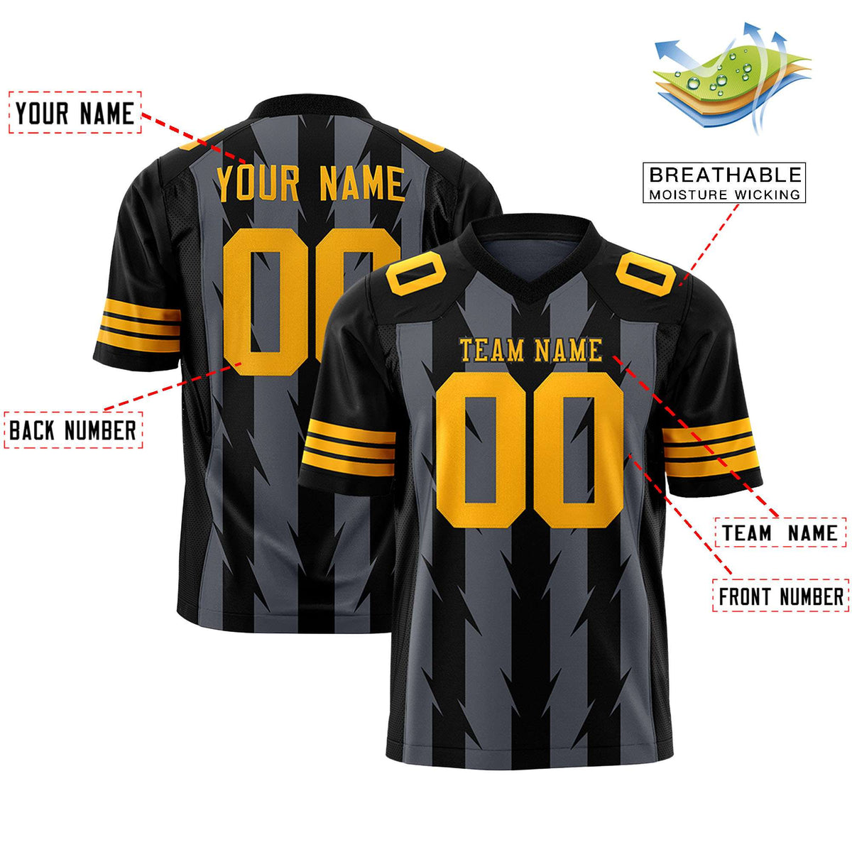 Custom Dark Gray Black Personalized Razr Stripe Graffiti Pattern Flag Football Jersey