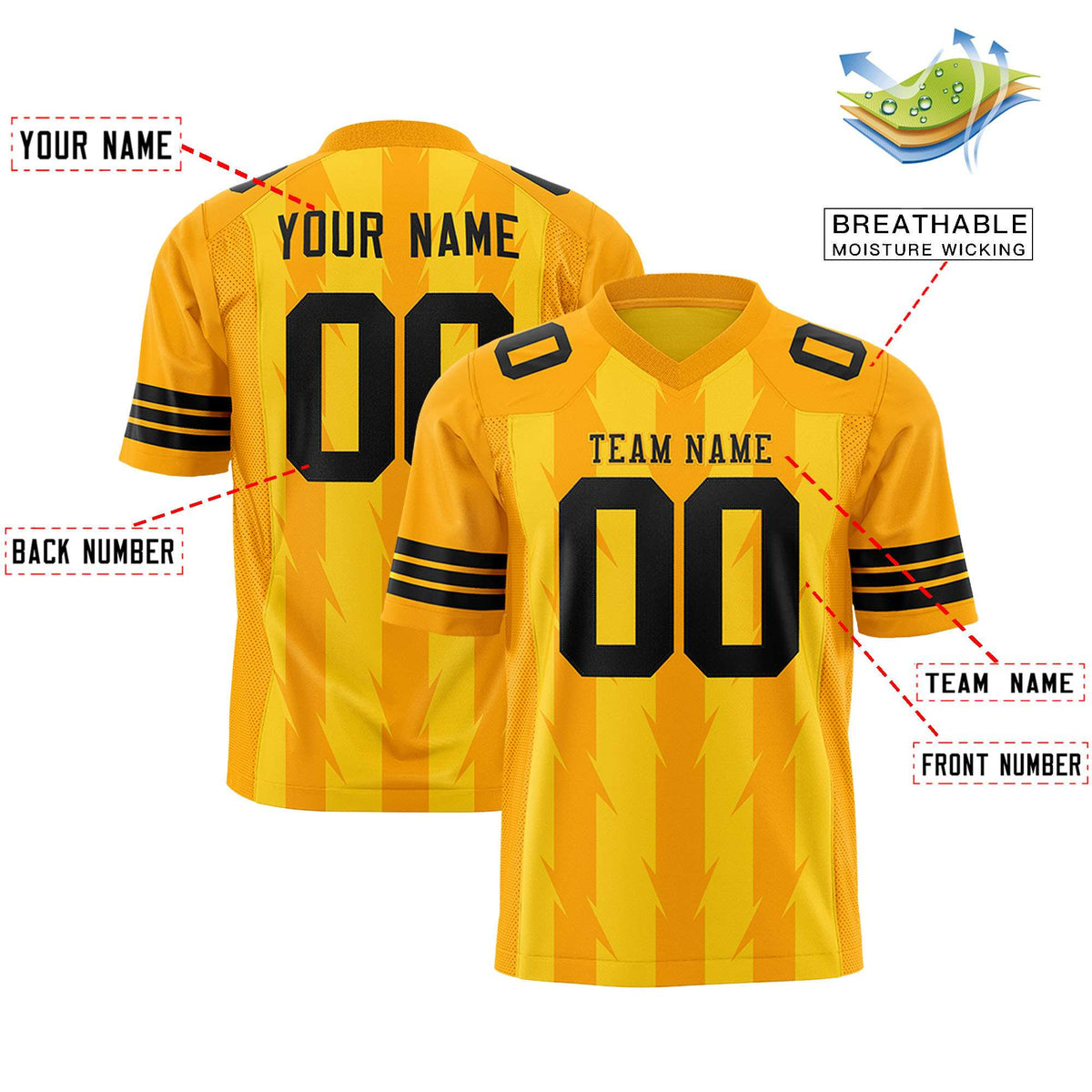 Custom Gold Yellow Personalized Razr Stripe Graffiti Pattern Flag Football Jersey