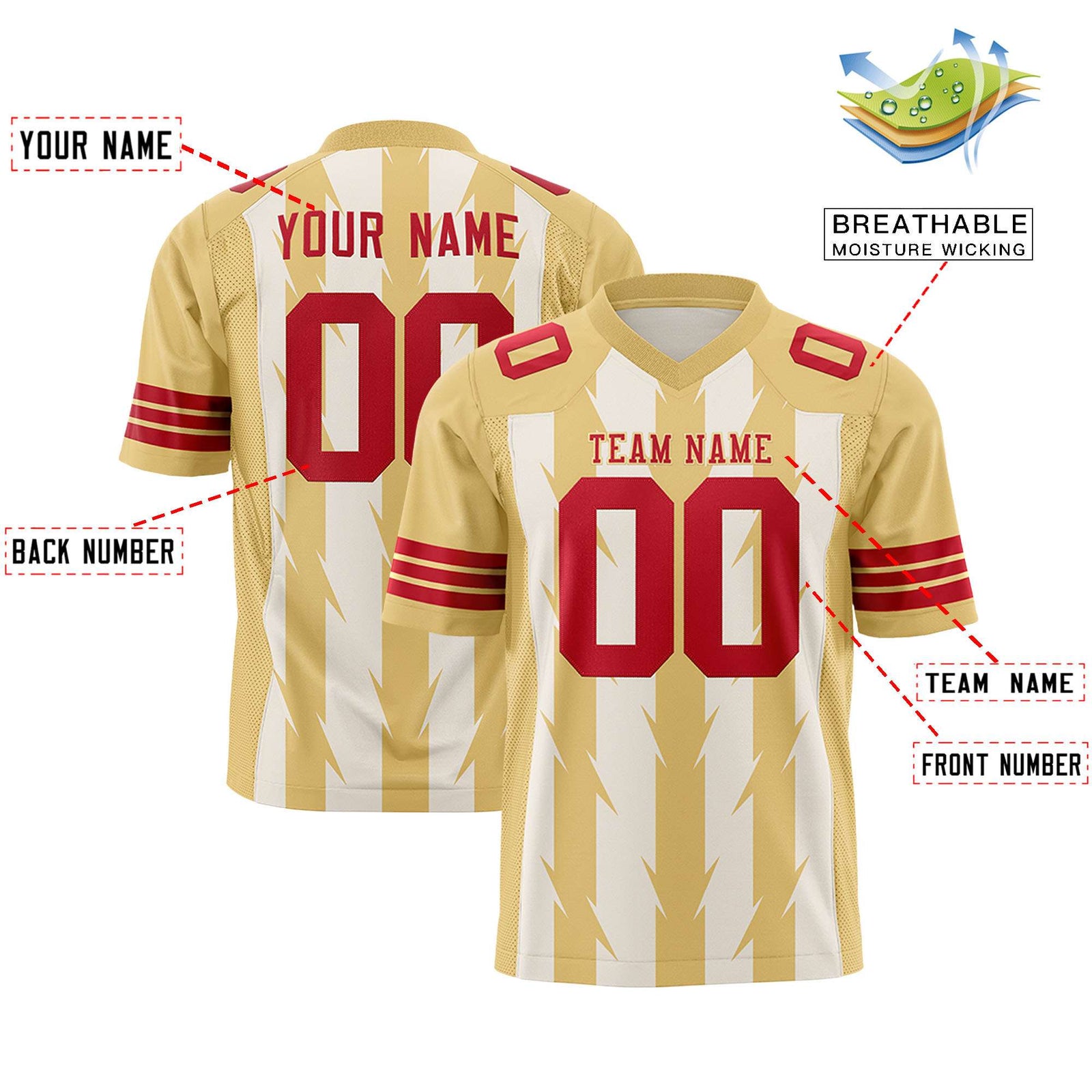 Custom Cream Khaki Personalized Razr Stripe Graffiti Pattern Flag Football Jersey