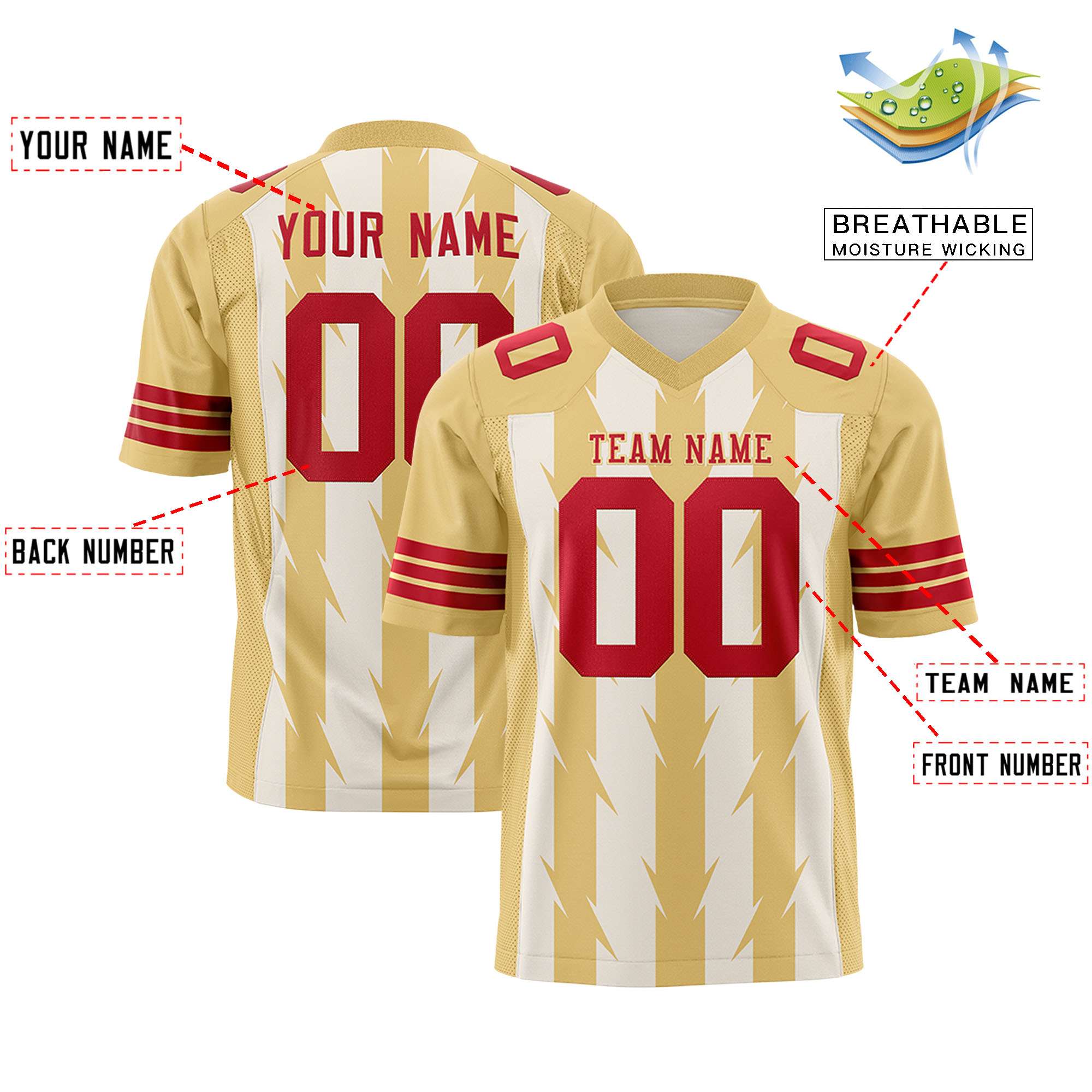 Custom Cream Khaki Personalized Razr Stripe Graffiti Pattern Flag Football Jersey