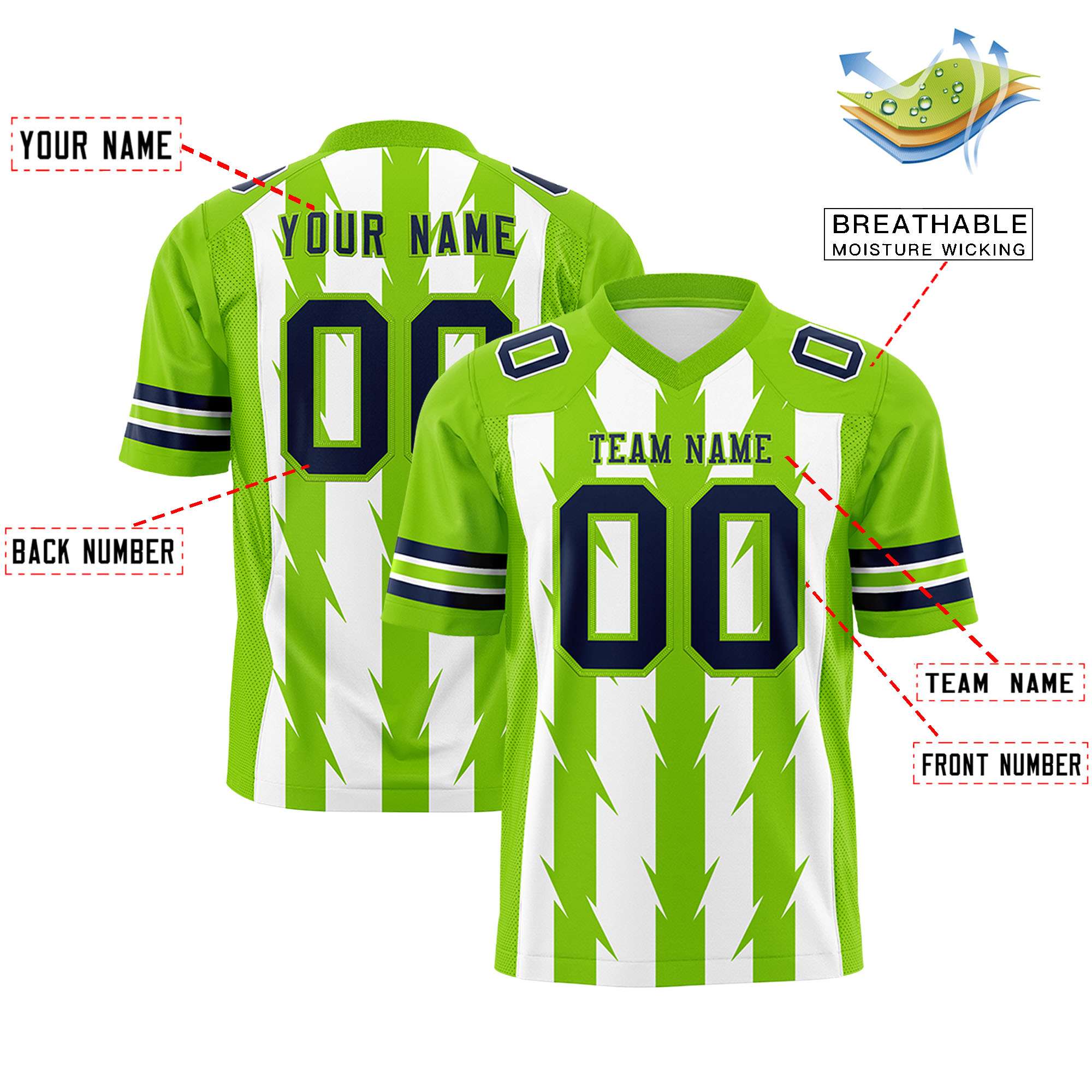 Custom White Neon Green Personalized Razr Stripe Graffiti Pattern Flag Football Jersey