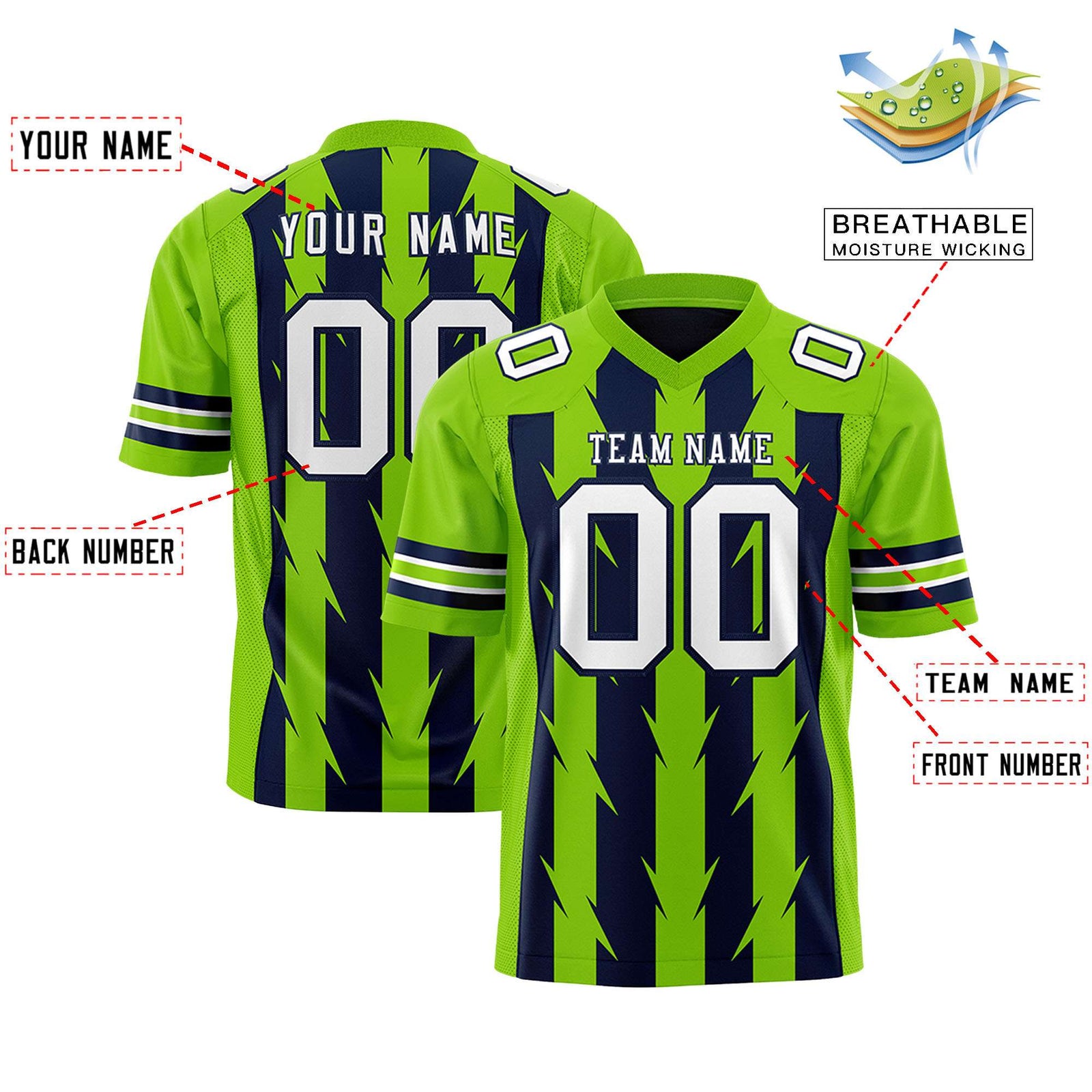 Custom Navy Neon Green Personalized Razr Stripe Graffiti Pattern Flag Football Jersey