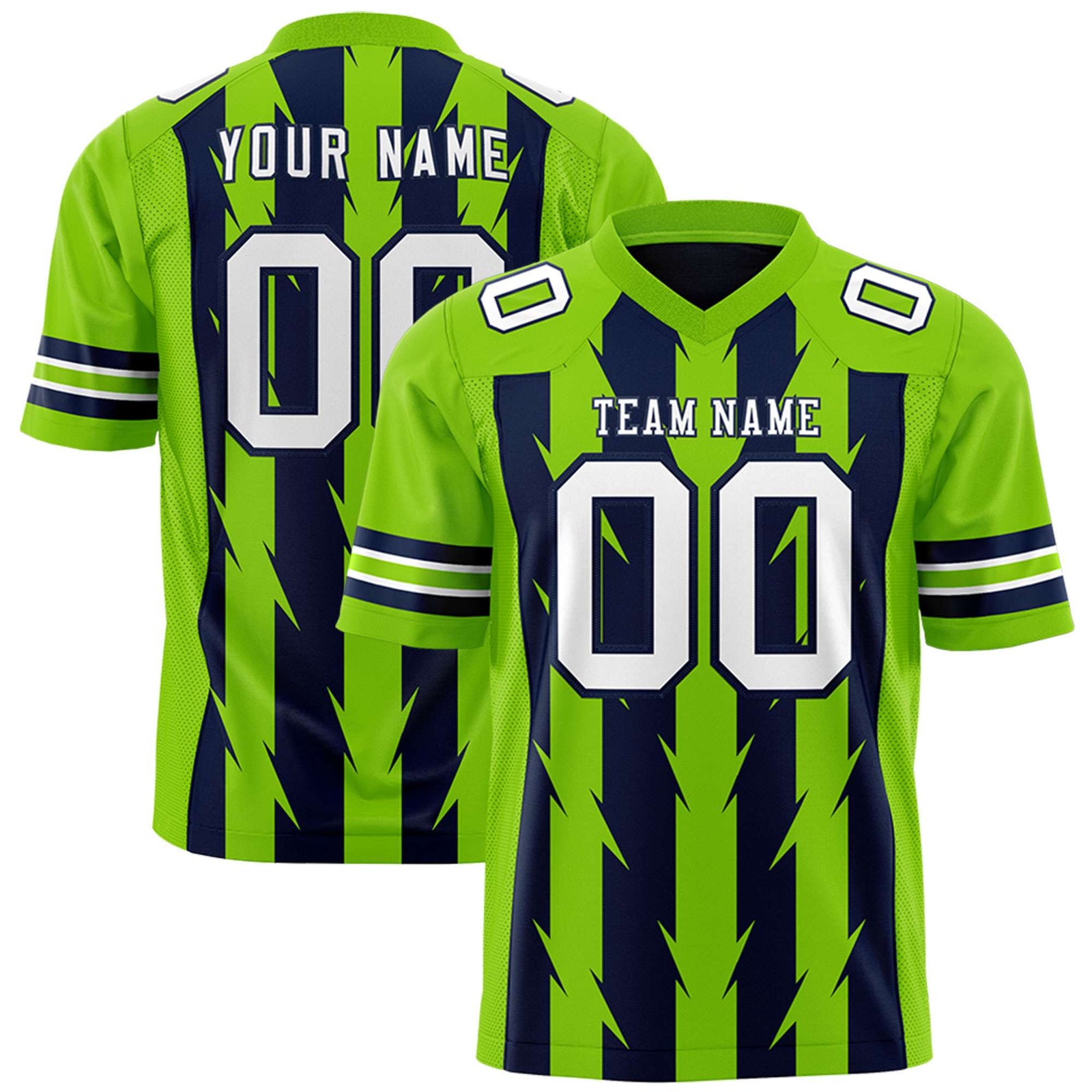 Custom Navy Neon Green Personalized Razr Stripe Graffiti Pattern Flag Football Jersey