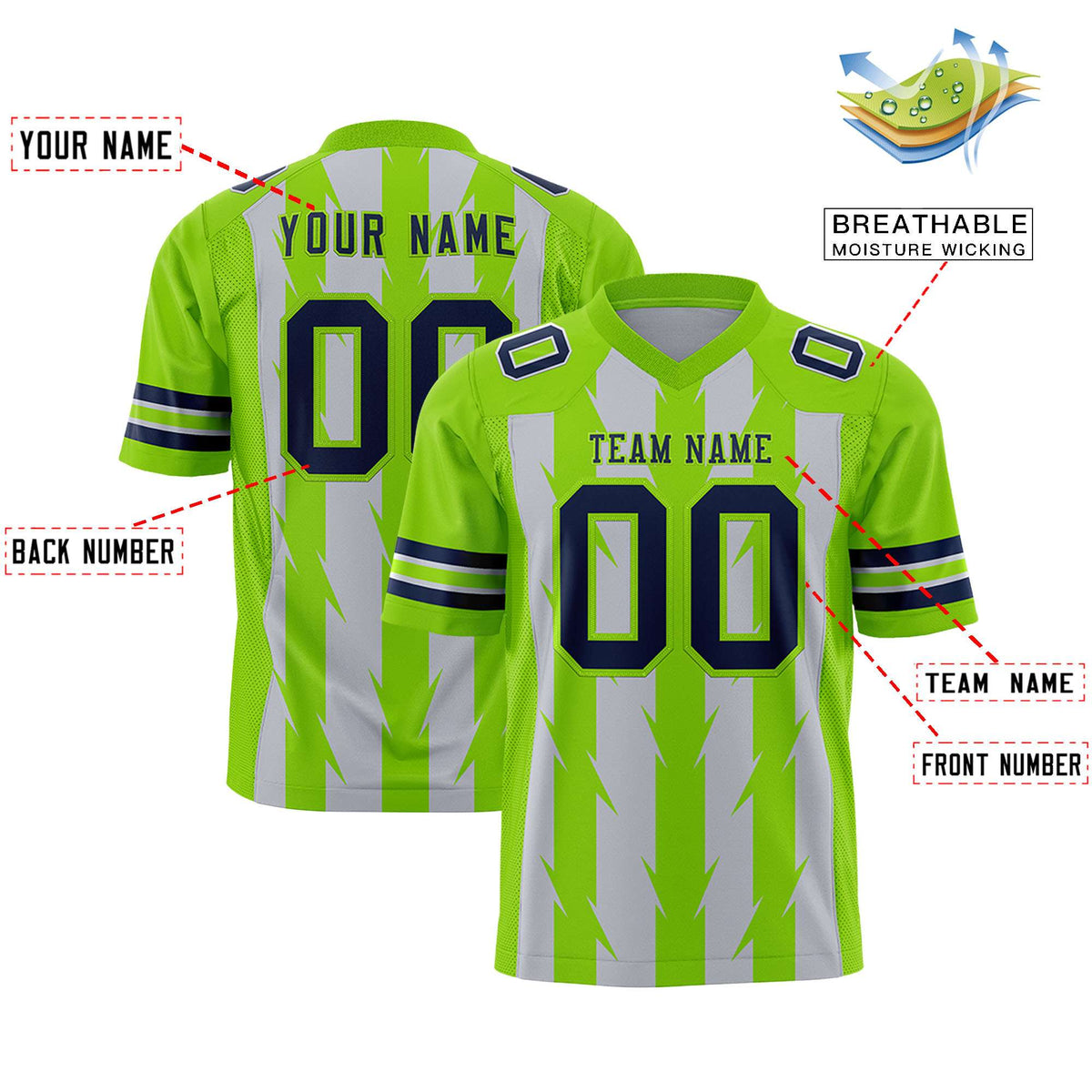 Custom Gray Neon Green Personalized Razr Stripe Graffiti Pattern Flag Football Jersey