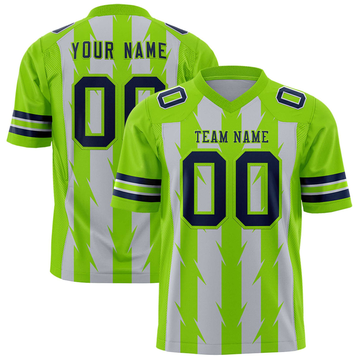 Custom Gray Neon Green Personalized Razr Stripe Graffiti Pattern Flag Football Jersey