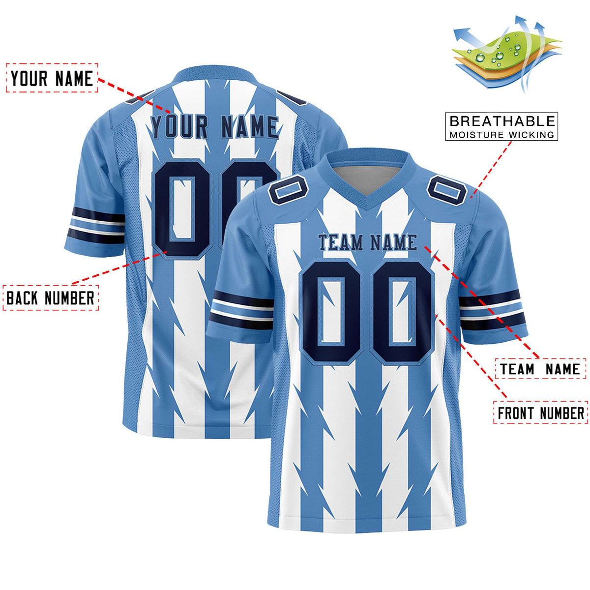 Custom White Light Blue Personalized Razr Stripe Graffiti Pattern Flag Football Jersey