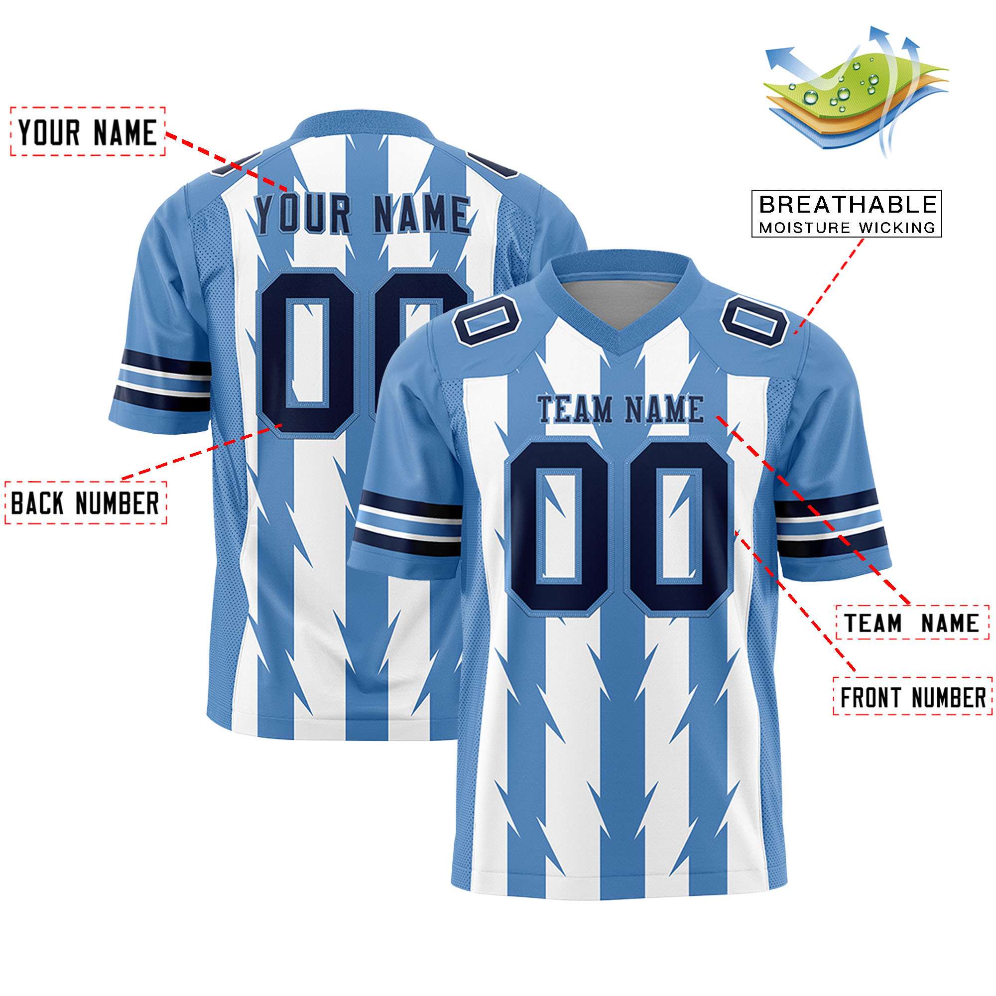 Custom White Light Blue Personalized Razr Stripe Graffiti Pattern Flag Football Jersey