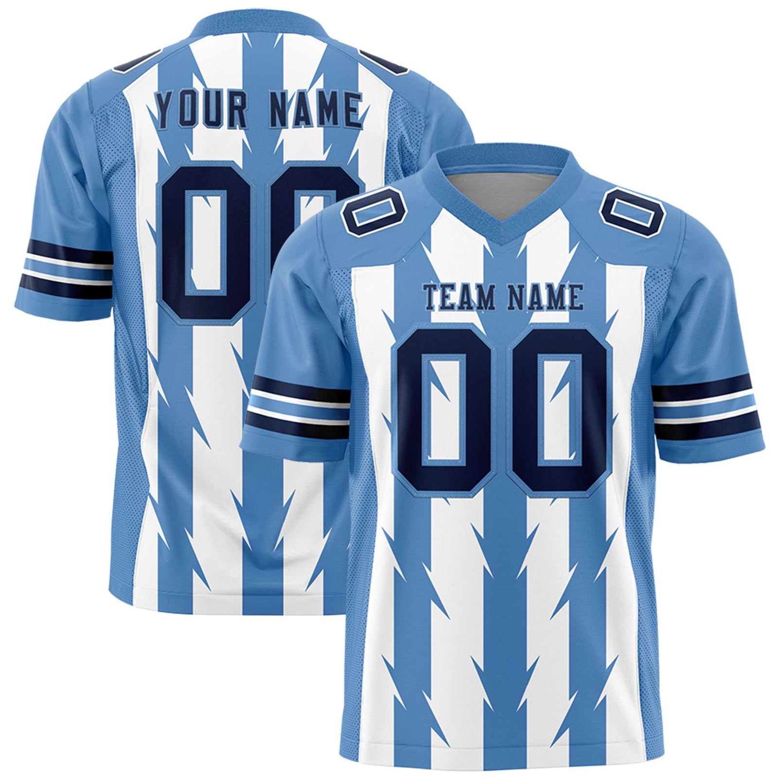 Custom White Light Blue Personalized Razr Stripe Graffiti Pattern Flag Football Jersey
