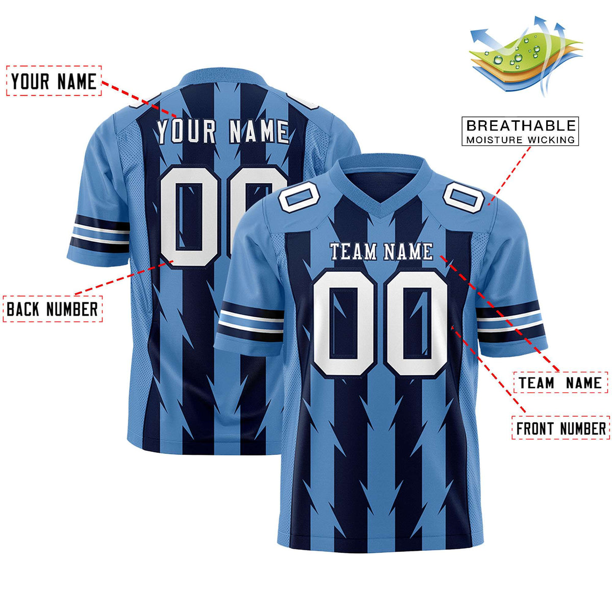 Custom Navy Light Blue Personalized Razr Stripe Graffiti Pattern Flag Football Jersey