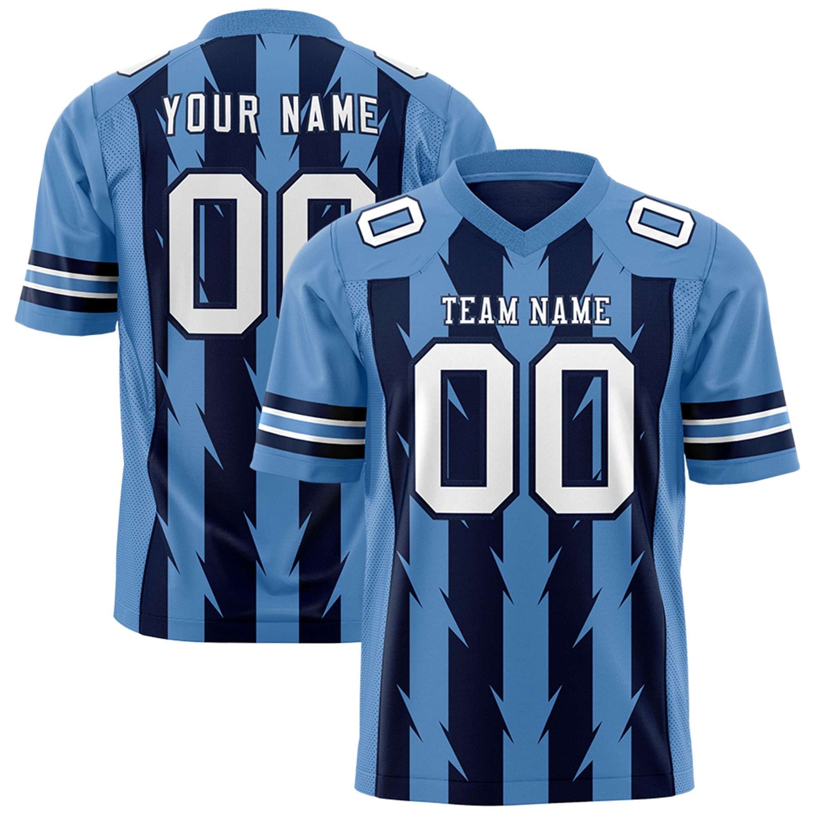 Custom Navy Light Blue Personalized Razr Stripe Graffiti Pattern Flag Football Jersey