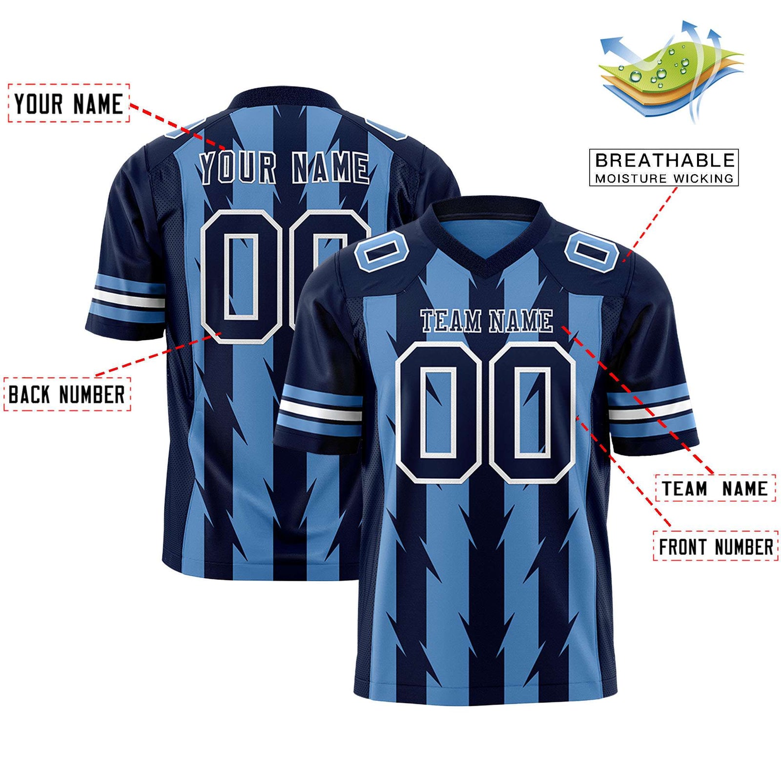 Custom Light Blue Navy Personalized Razr Stripe Graffiti Pattern Flag Football Jersey