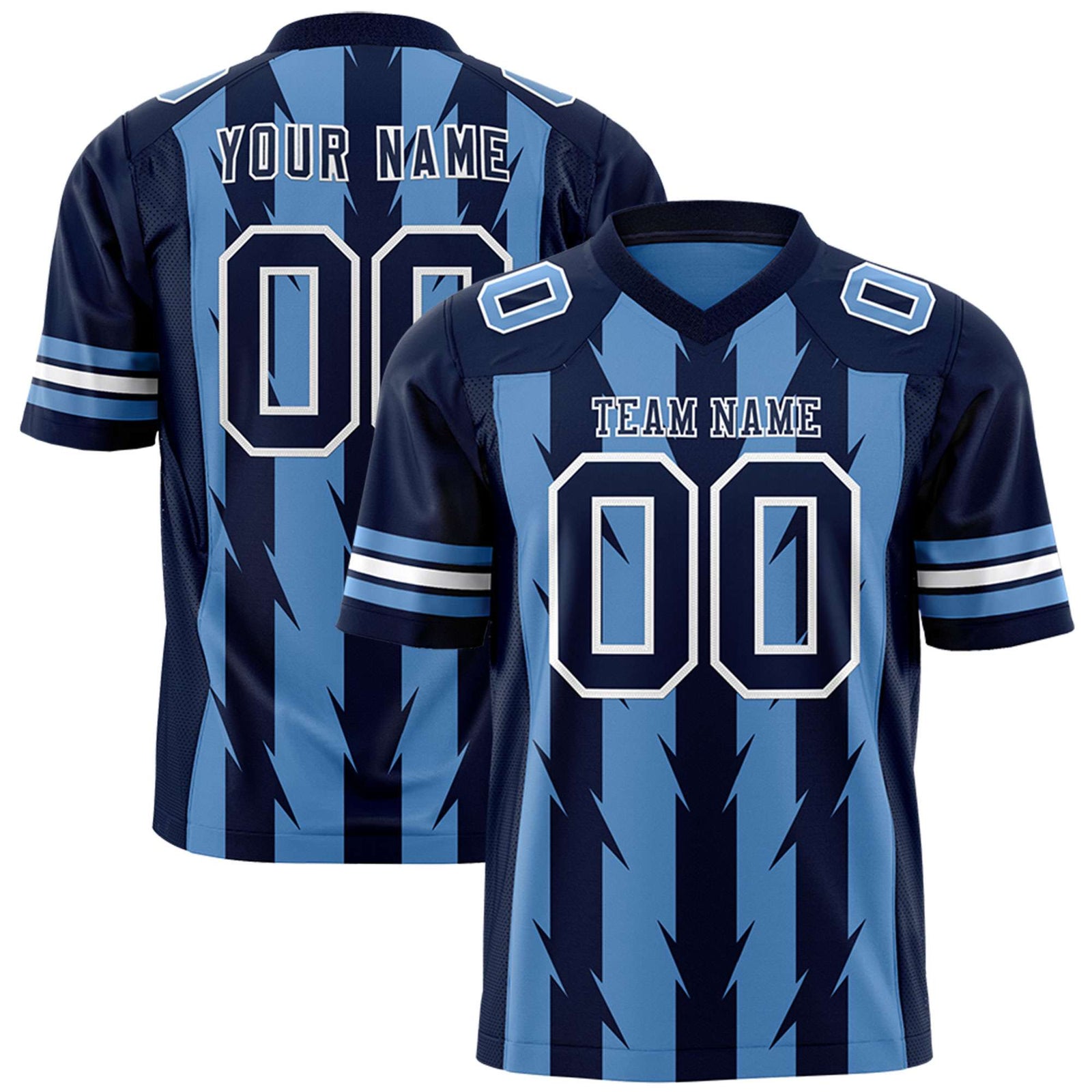 Custom Light Blue Navy Personalized Razr Stripe Graffiti Pattern Flag Football Jersey