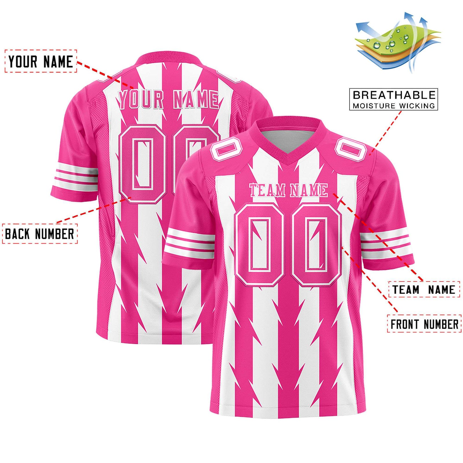 Custom White Pink Personalized Razr Stripe Graffiti Pattern Flag Football Jersey