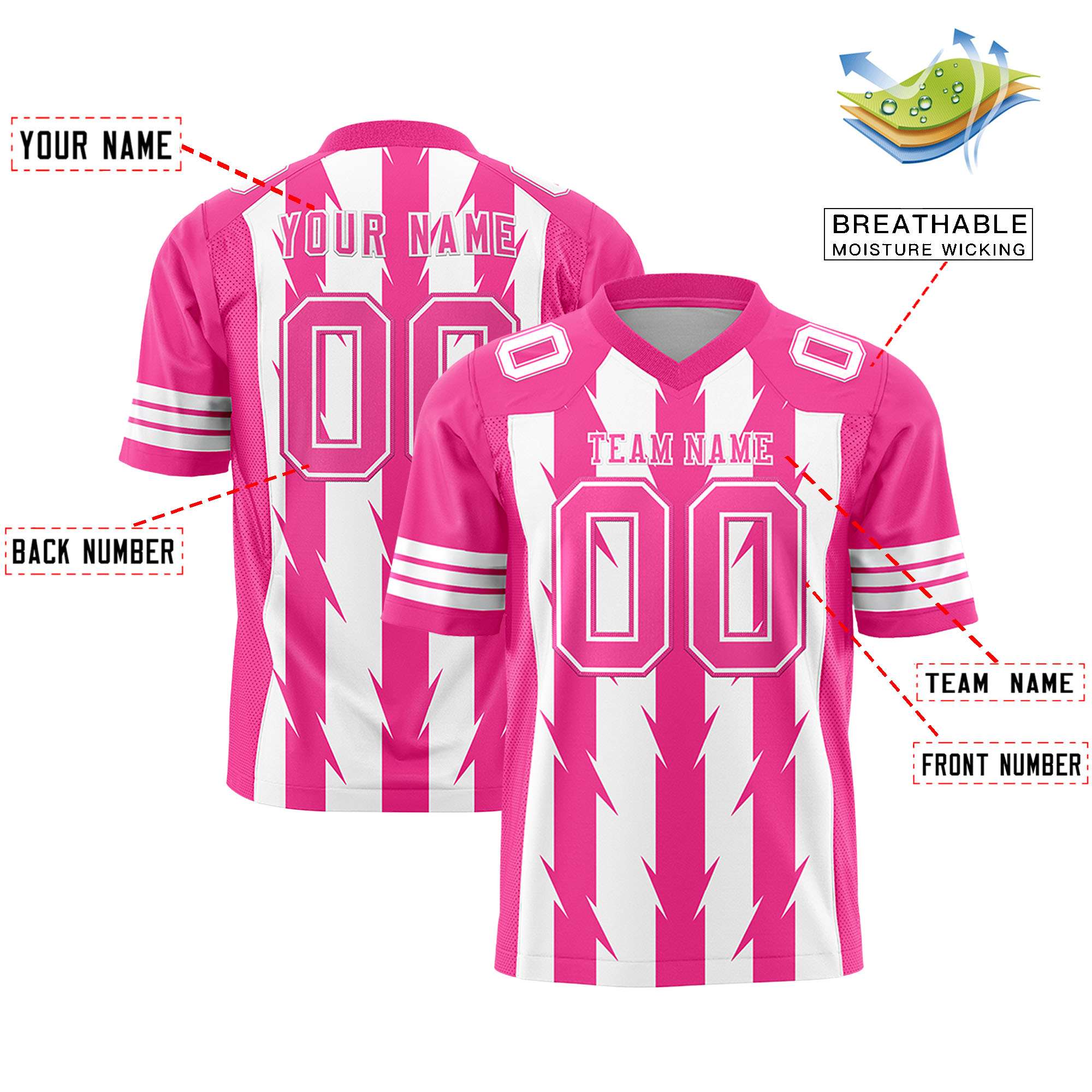 Custom White Pink Personalized Razr Stripe Graffiti Pattern Flag Football Jersey
