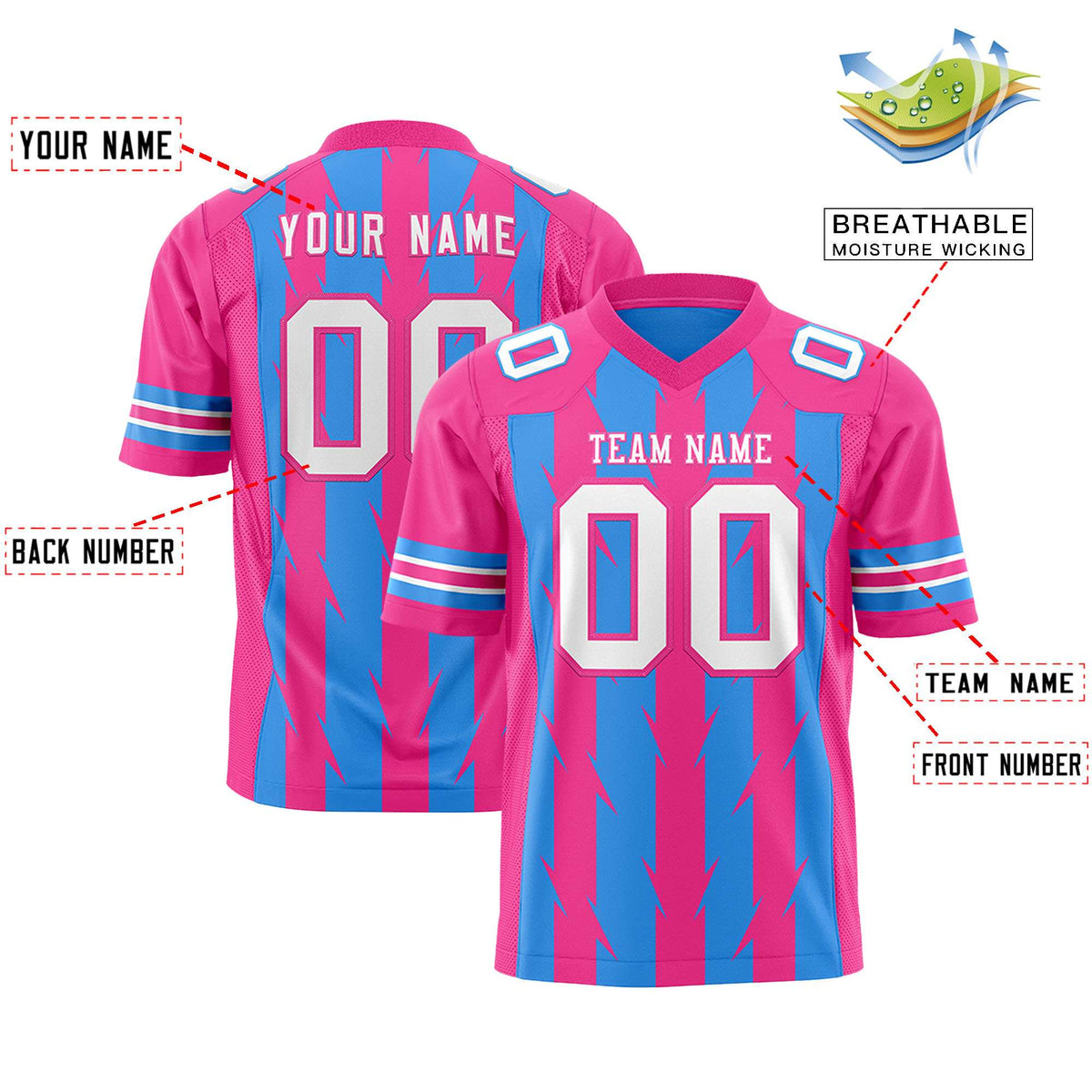 Custom Powder Blue Pink Personalized Razr Stripe Graffiti Pattern Flag Football Jersey