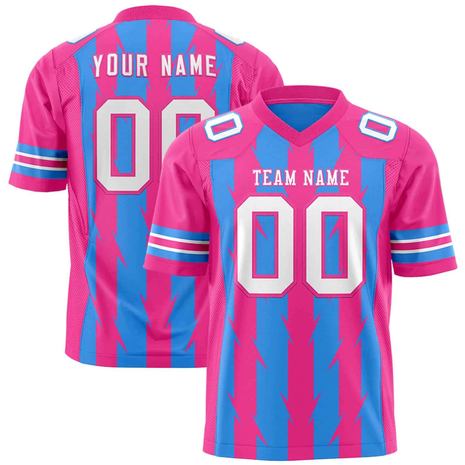 Custom Powder Blue Pink Personalized Razr Stripe Graffiti Pattern Flag Football Jersey