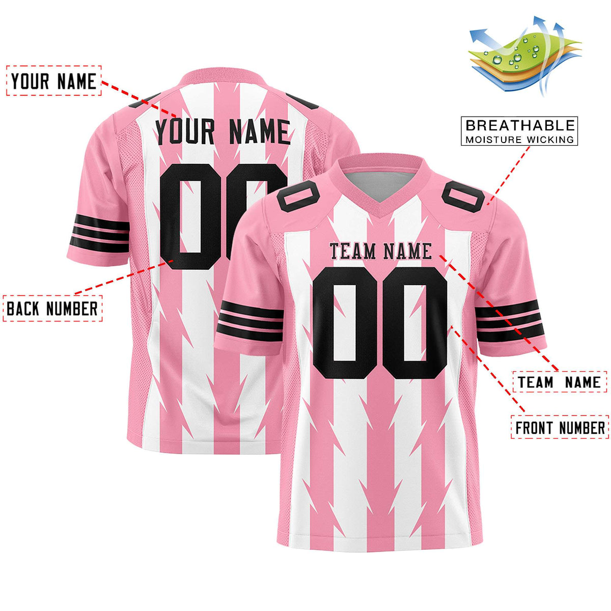 Custom White Light Pink Personalized Razr Stripe Graffiti Pattern Flag Football Jersey