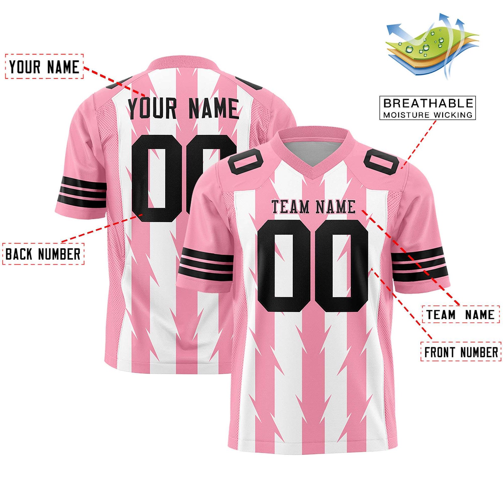 Custom White Light Pink Personalized Razr Stripe Graffiti Pattern Flag Football Jersey