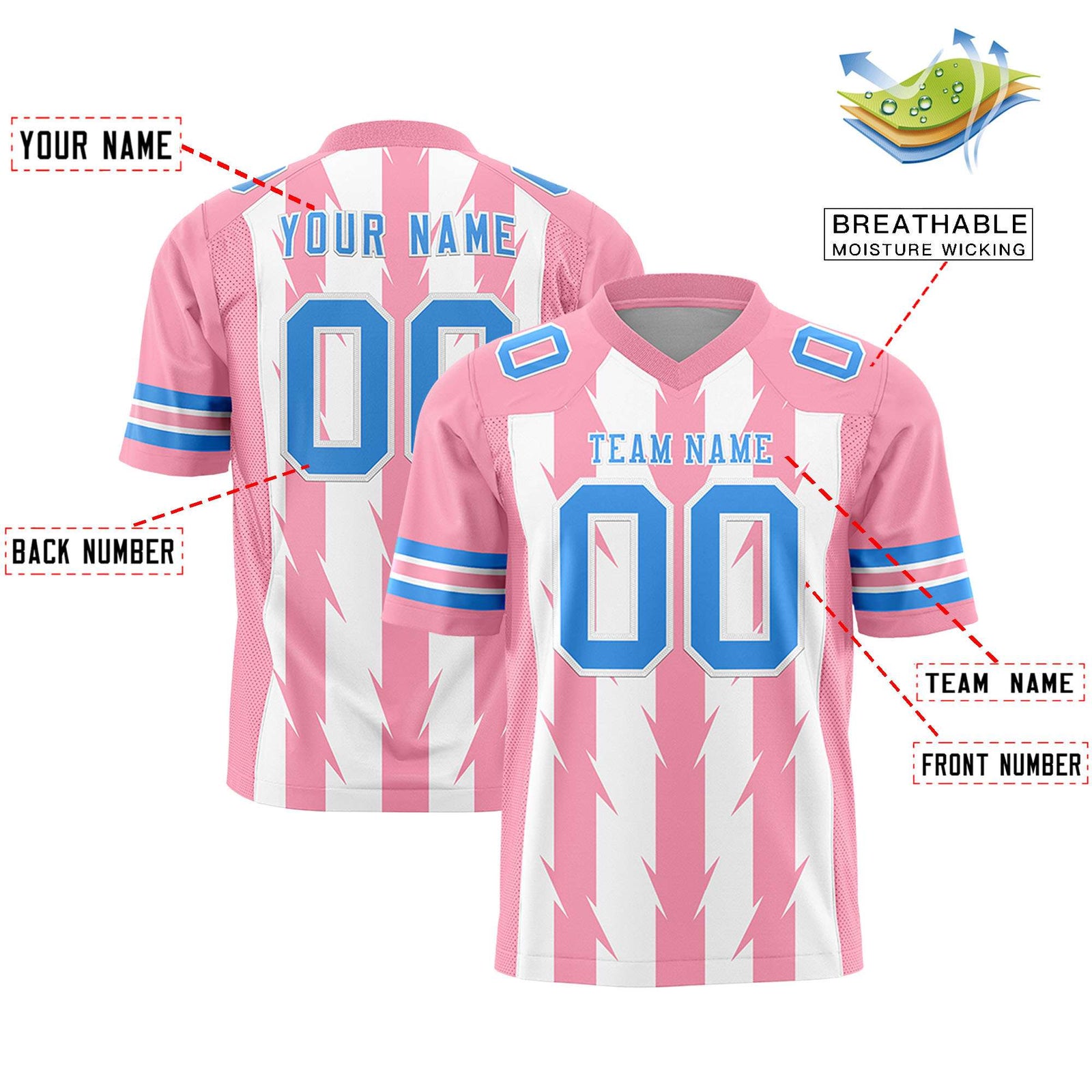 Custom White Light Pink Personalized Razr Stripe Graffiti Pattern Flag Football Jersey