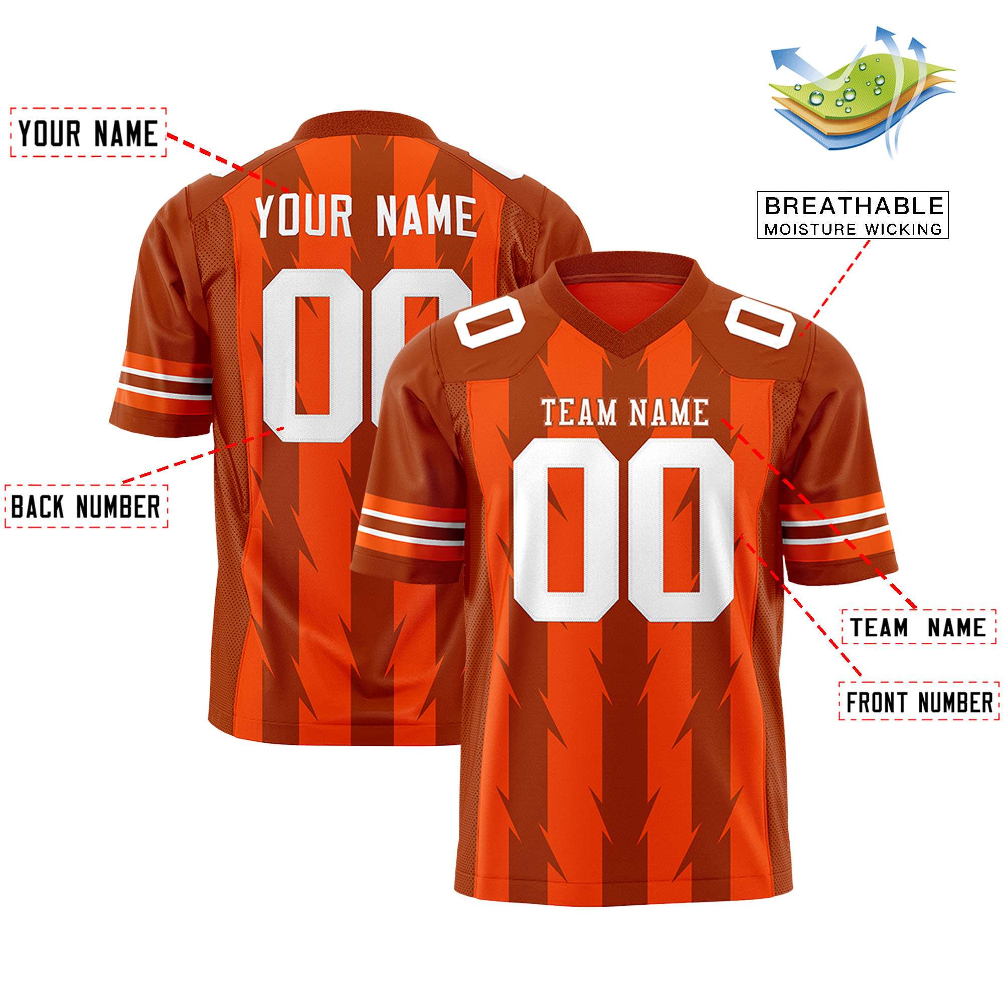 Custom Orange Texas Orange Personalized Razr Stripe Graffiti Pattern Flag Football Jersey