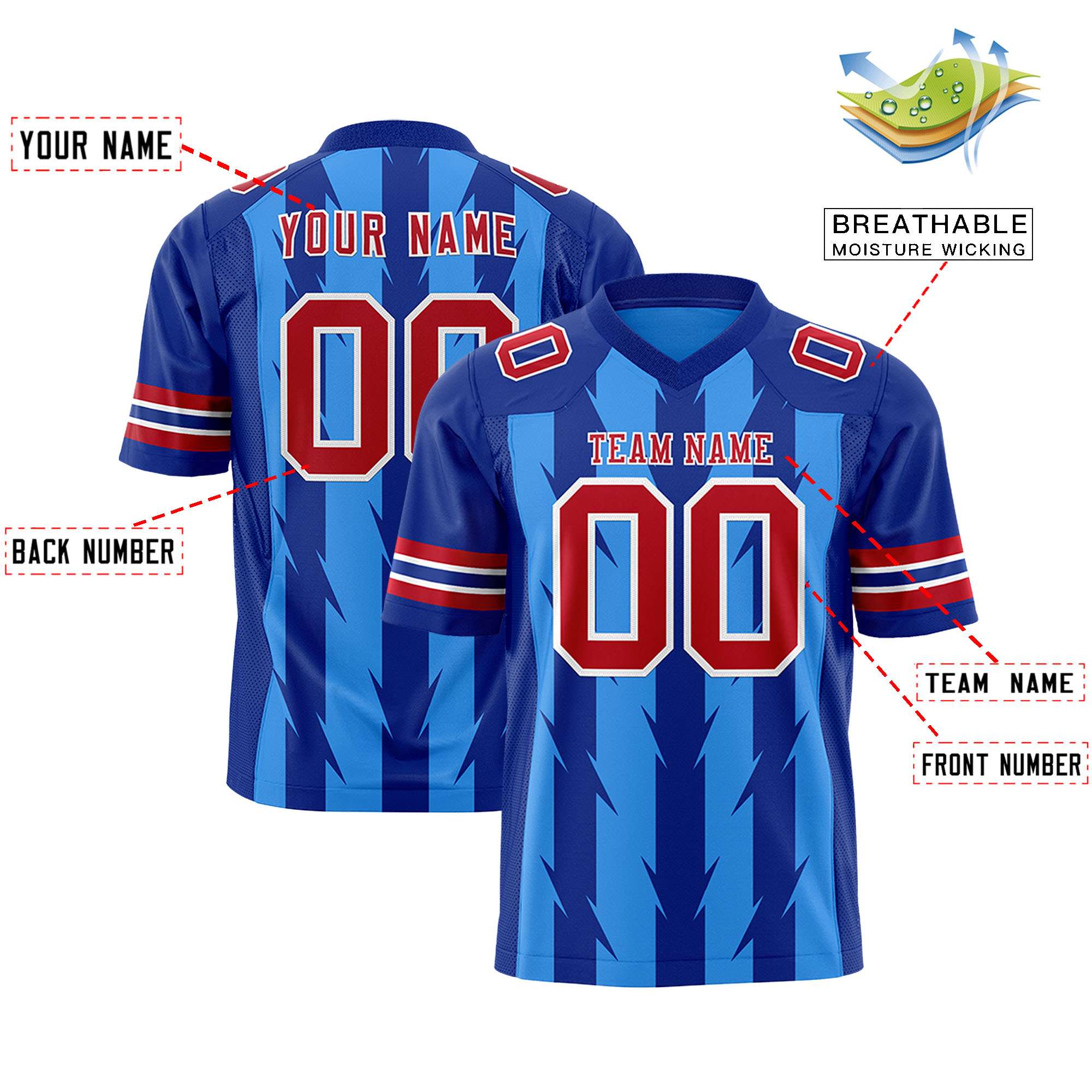 Custom Powder Blue Royal Personalized Razr Stripe Graffiti Pattern Flag Football Jersey