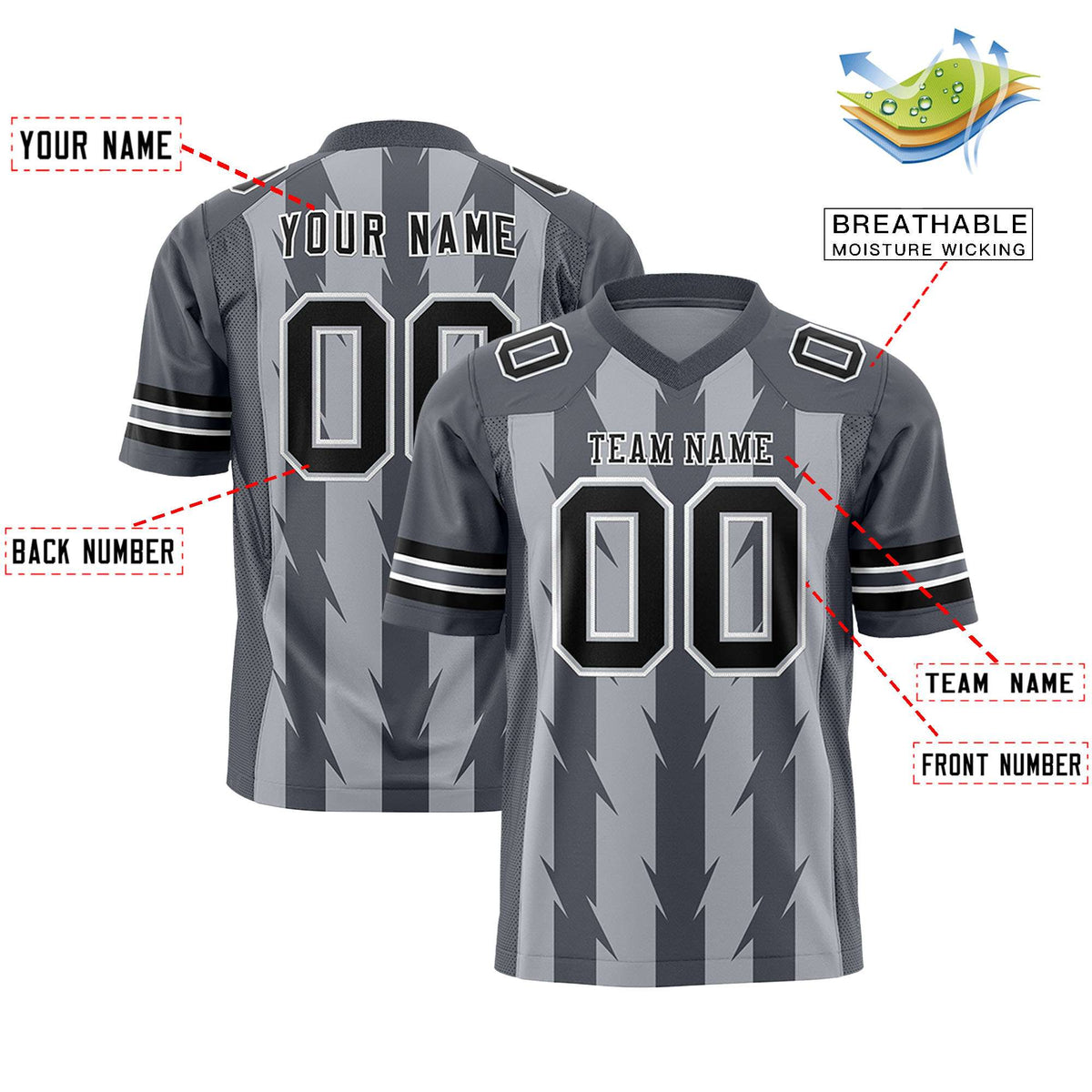Custom Gray Dark Gray Personalized Razr Stripe Graffiti Pattern Flag Football Jersey