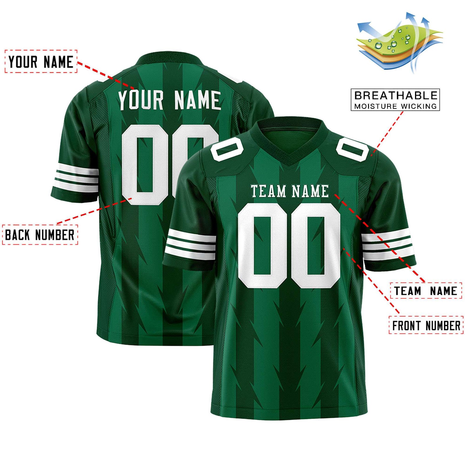 Custom Kelly Green Green Personalized Razr Stripe Graffiti Pattern Flag Football Jersey