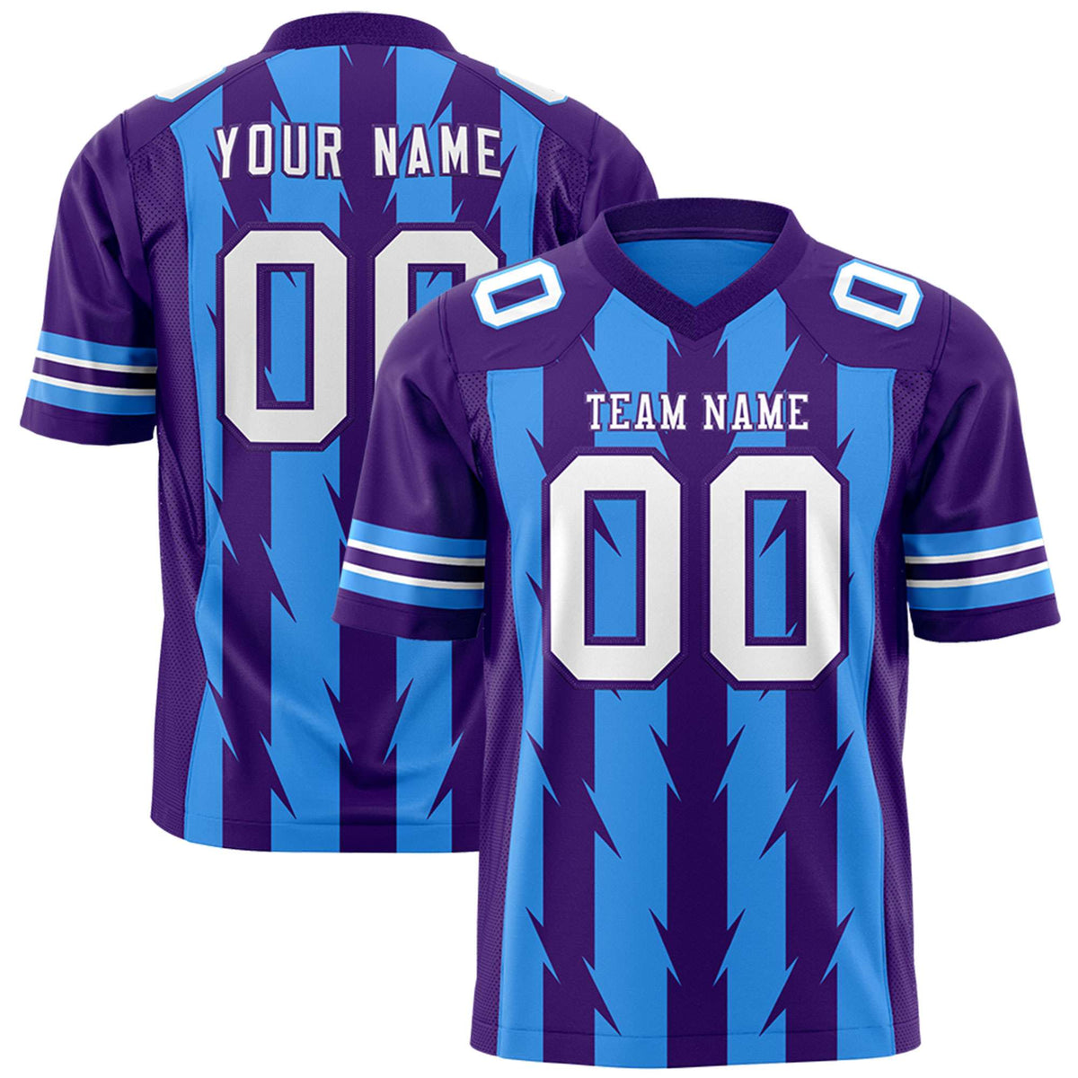 Custom Powder Blue Purple Personalized Razr Stripe Graffiti Pattern Flag Football Jersey