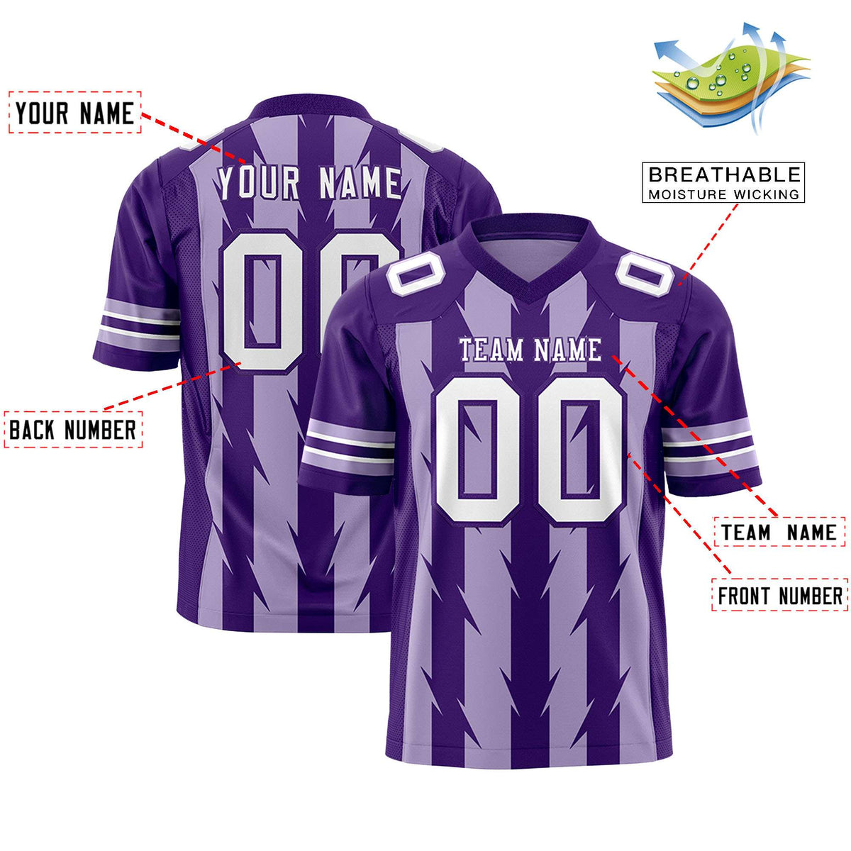 Custom Light Purple Purple Personalized Razr Stripe Graffiti Pattern Flag Football Jersey