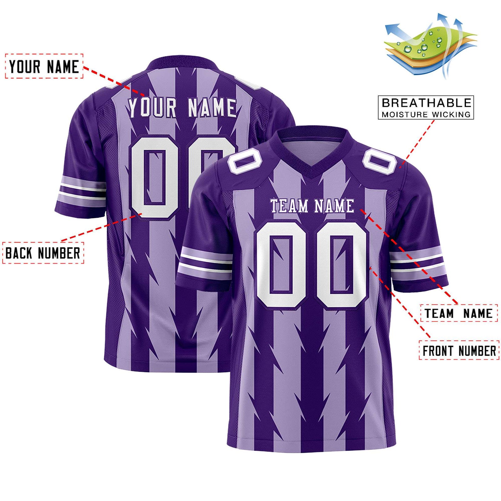 Custom Light Purple Purple Personalized Razr Stripe Graffiti Pattern Flag Football Jersey
