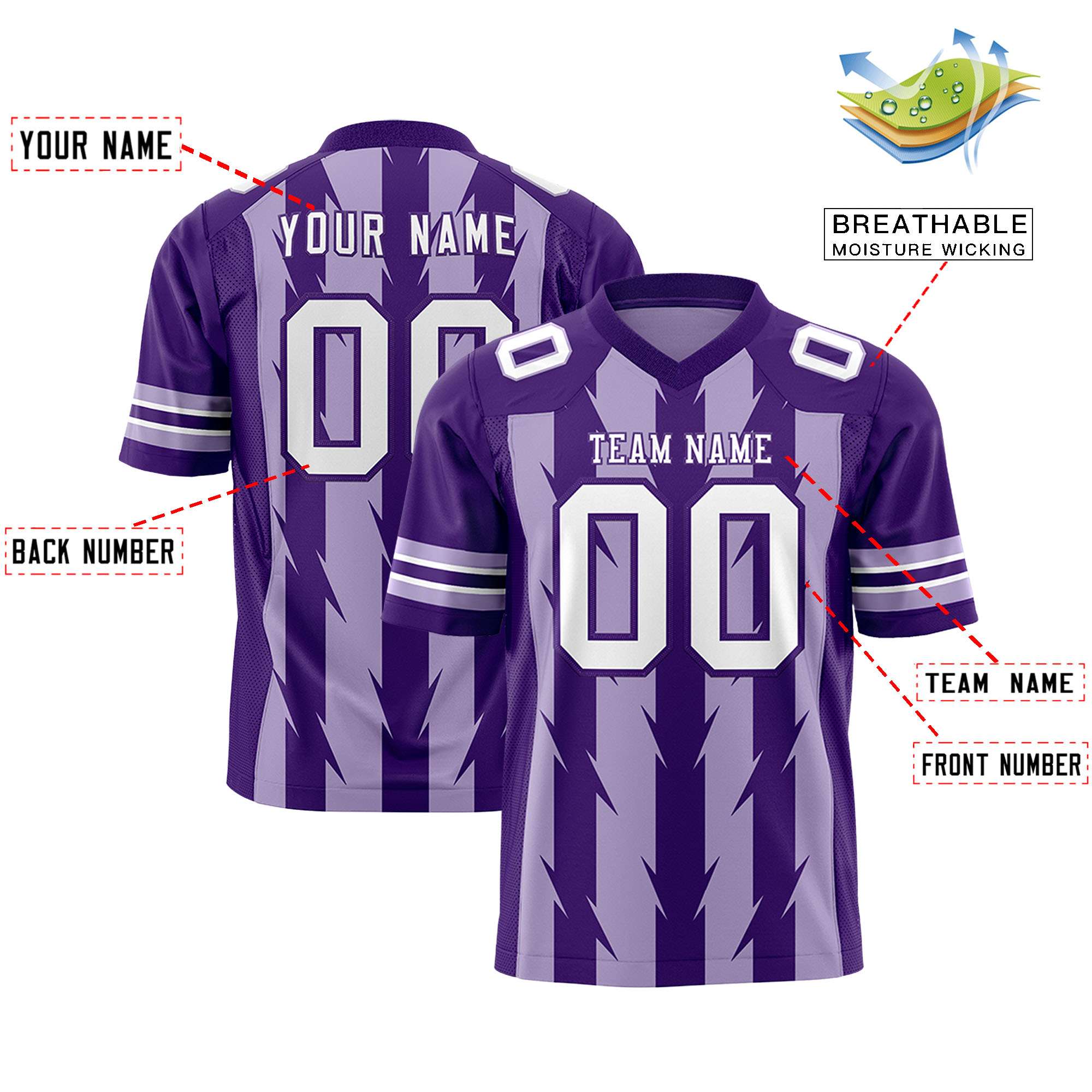 Custom Light Purple Purple Personalized Razr Stripe Graffiti Pattern Flag Football Jersey