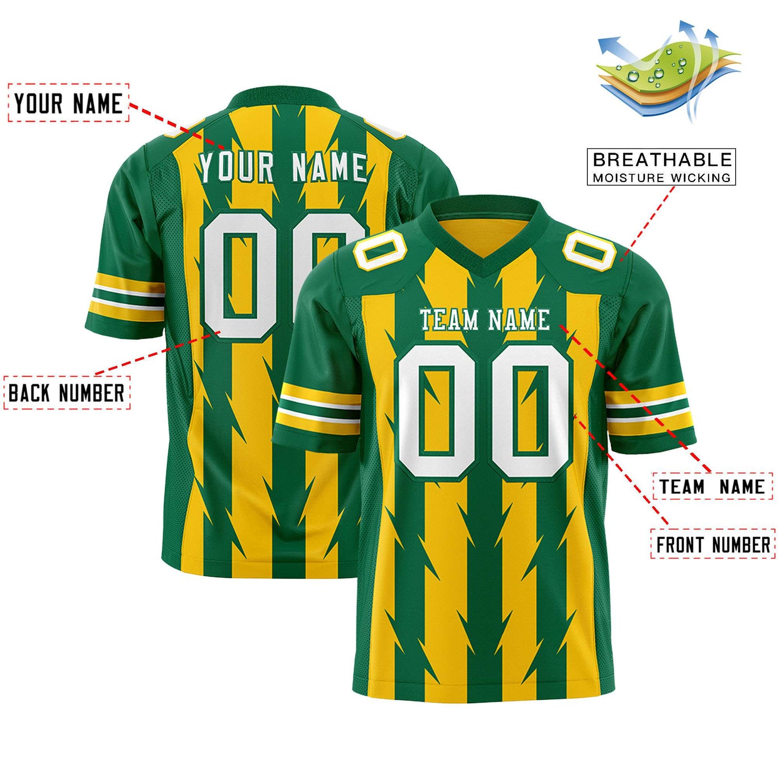 Custom Gold Kelly Green Personalized Razr Stripe Graffiti Pattern Flag Football Jersey