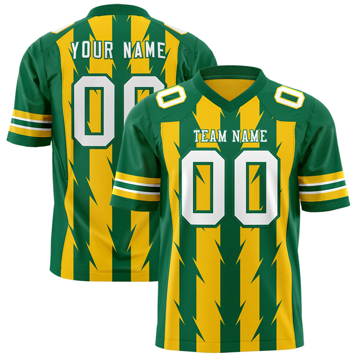 Custom Gold Kelly Green Personalized Razr Stripe Graffiti Pattern Flag Football Jersey