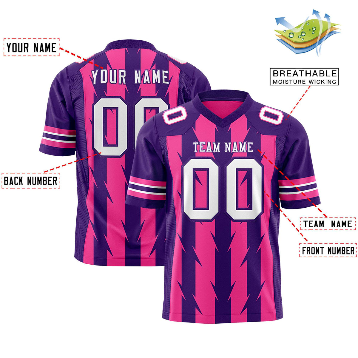 Custom Pink Purple Personalized Razr Stripe Graffiti Pattern Flag Football Jersey