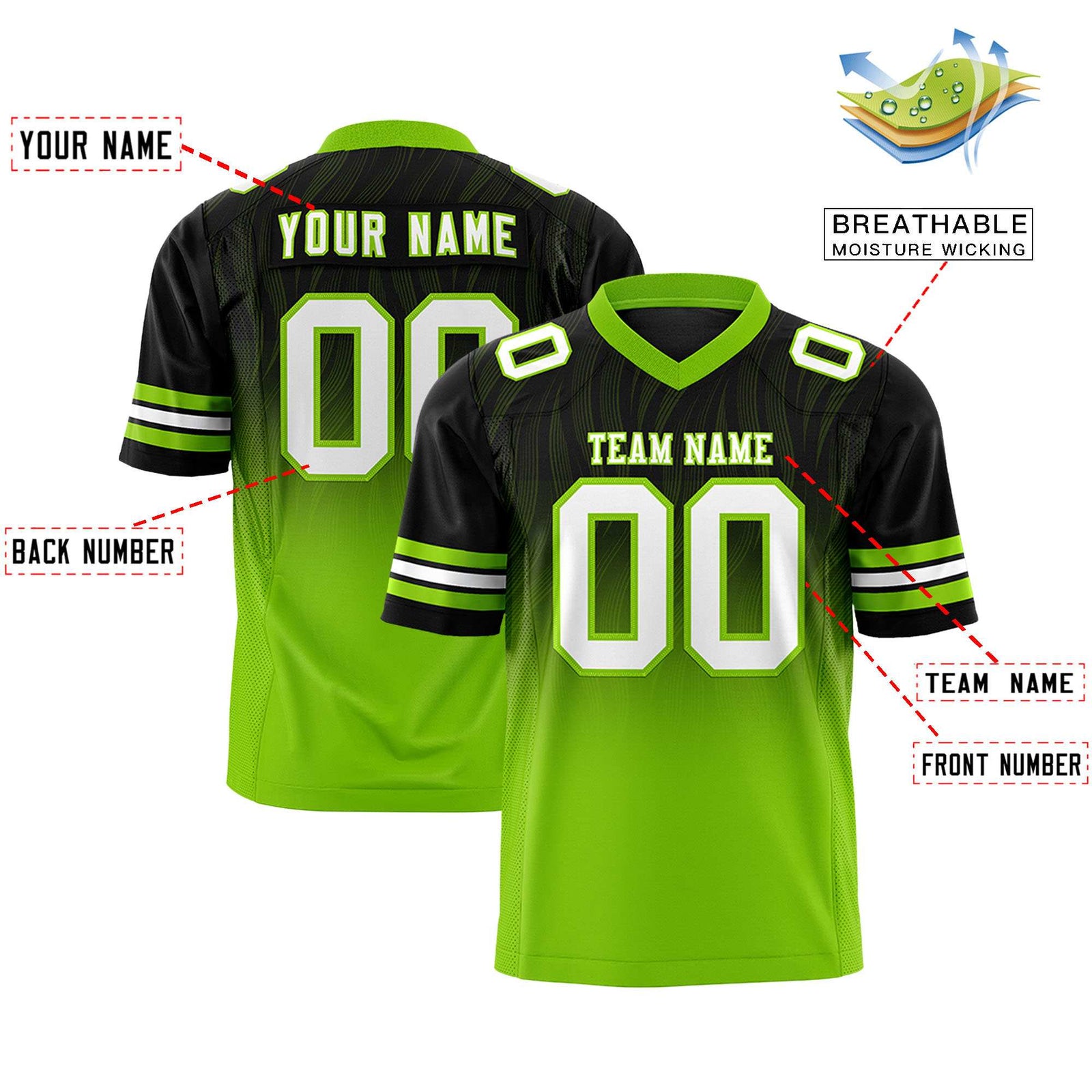 Custom Black Neon Green Gradient Fashion Outdoor Flag Football Jersey