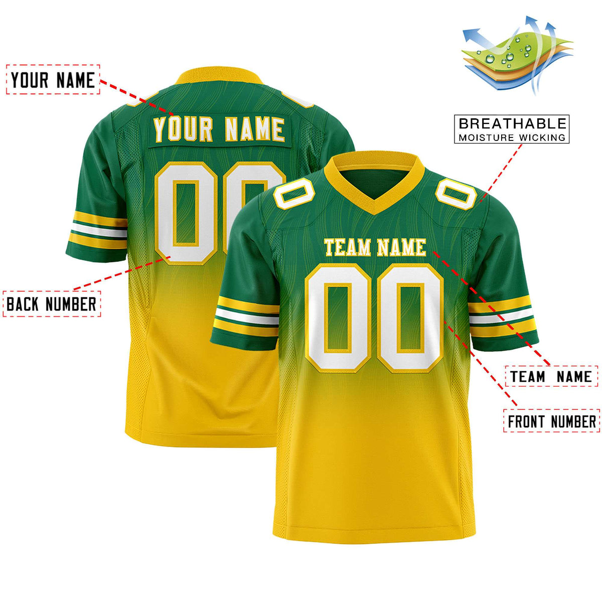 Custom Kelly Green Gold Gradient Fashion Outdoor Flag Football Jersey