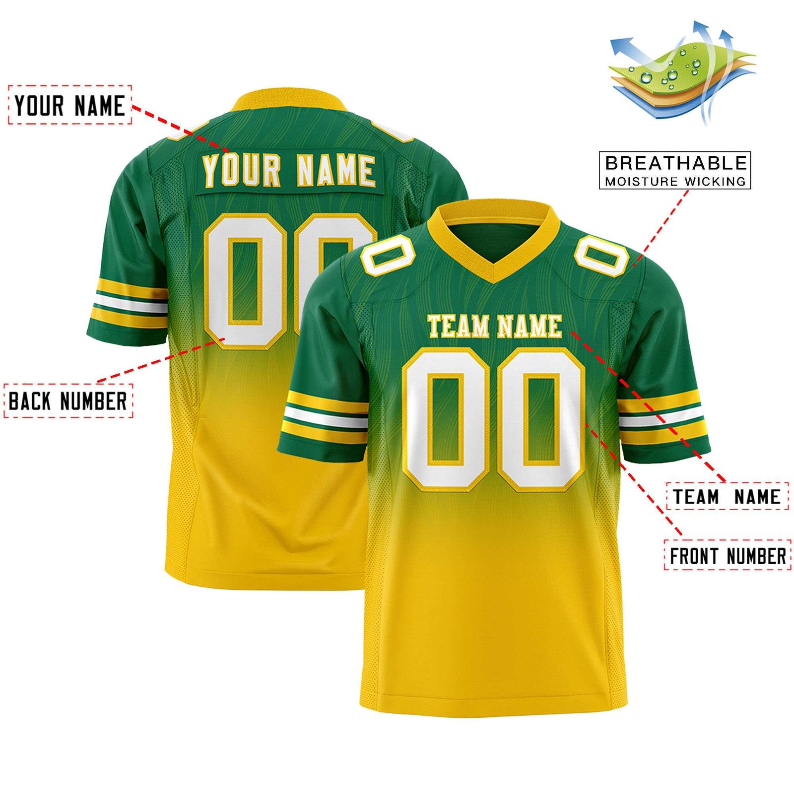 Custom Kelly Green Gold Gradient Fashion Outdoor Flag Football Jersey