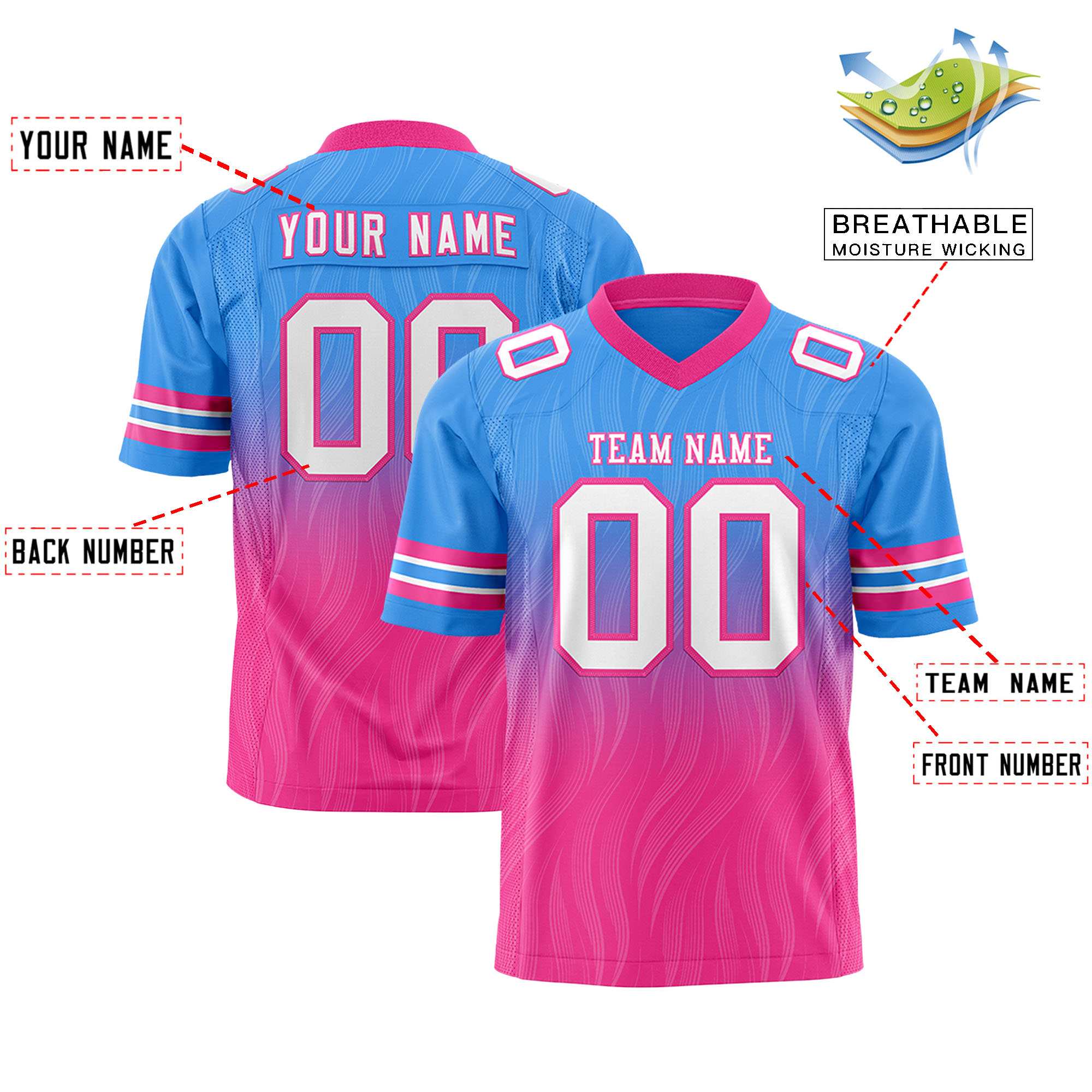 Custom Powder Blue Pink Gradient Fashion Outdoor Flag Football Jersey