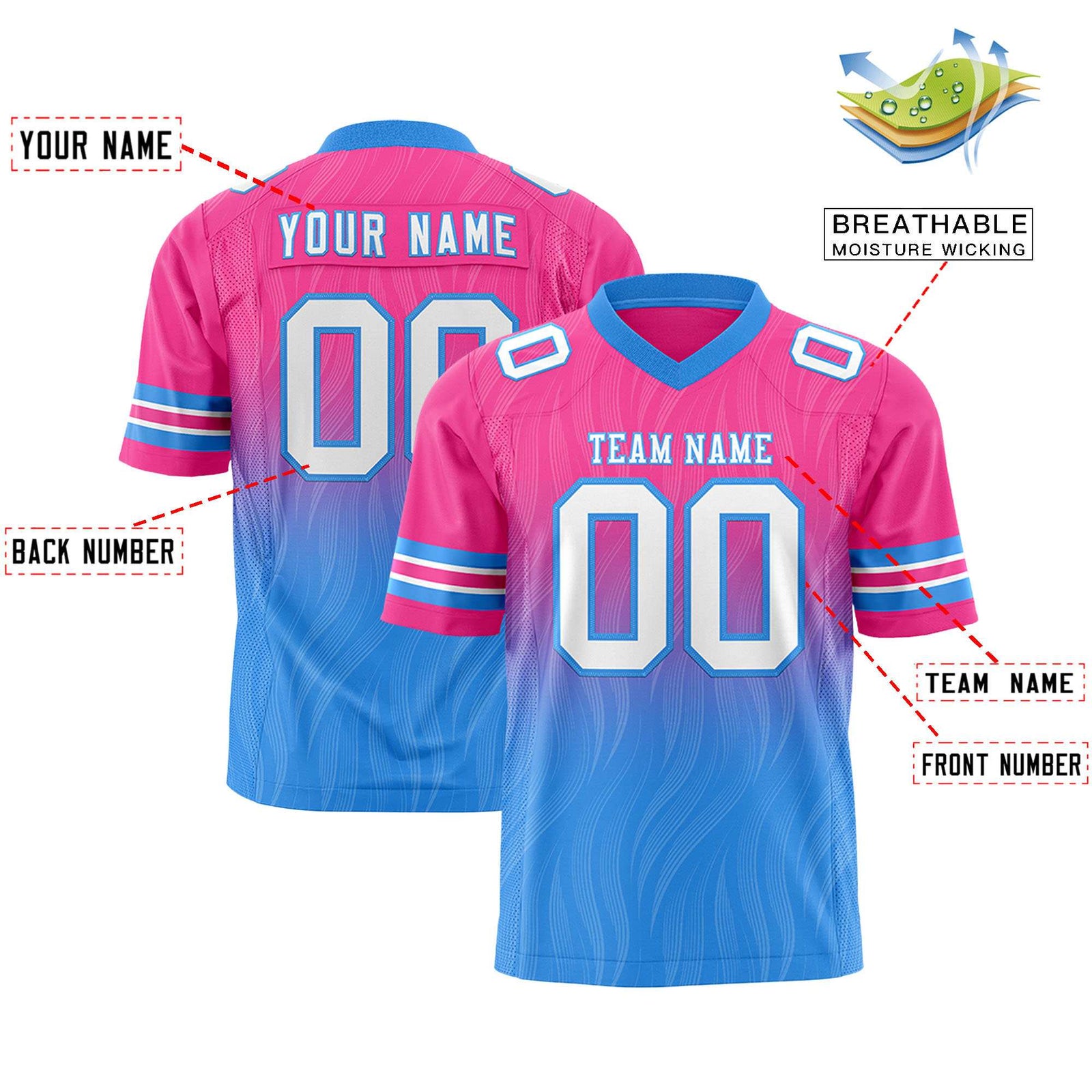 Custom Pink Powder Blue Gradient Fashion Outdoor Flag Football Jersey