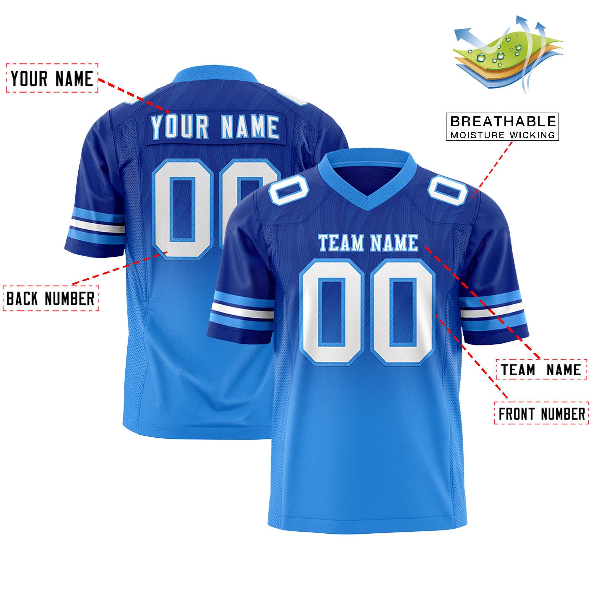 Custom Royal Powder Blue Gradient Fashion Outdoor Flag Football Jersey