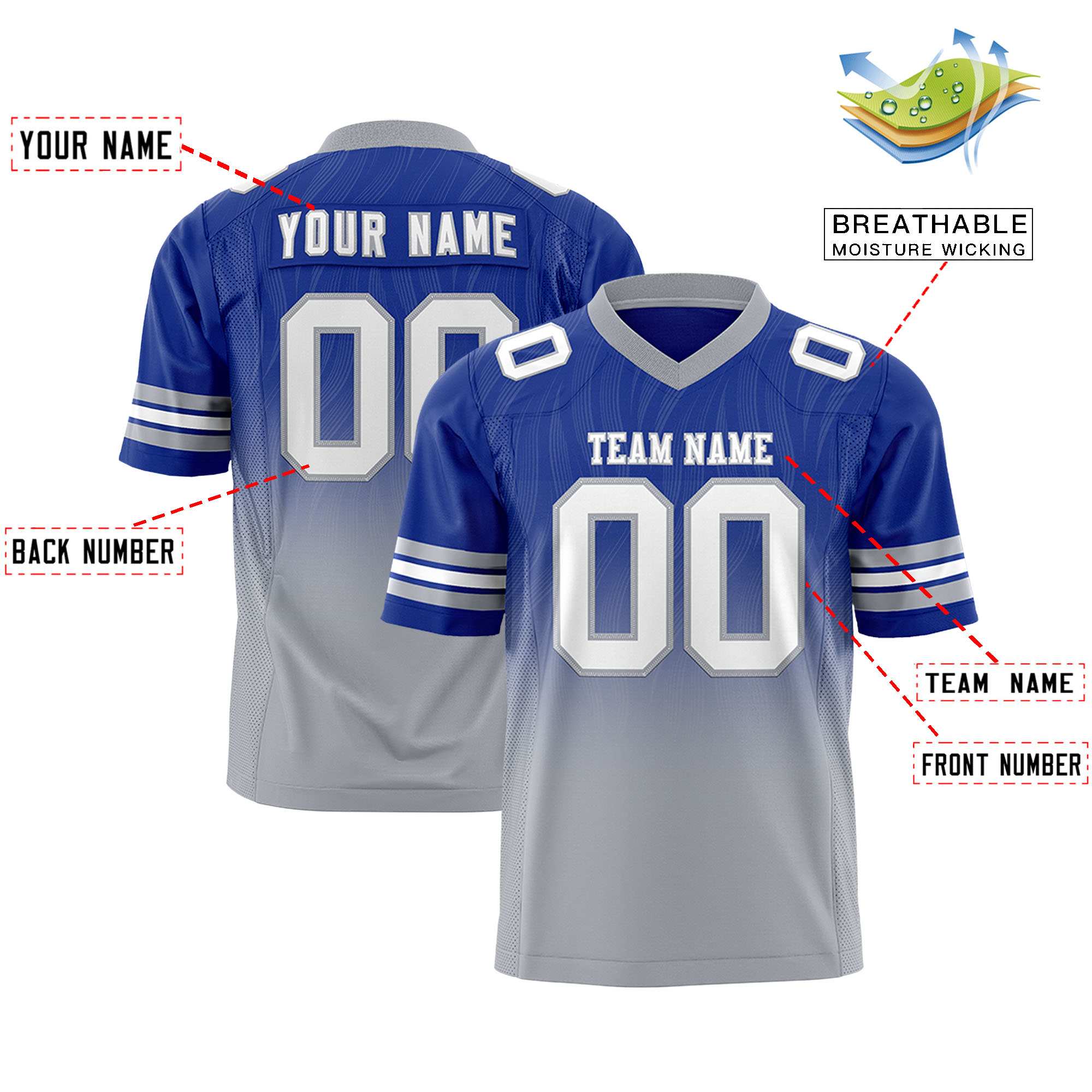 Custom Royal Gray Gradient Fashion Outdoor Flag Football Jersey