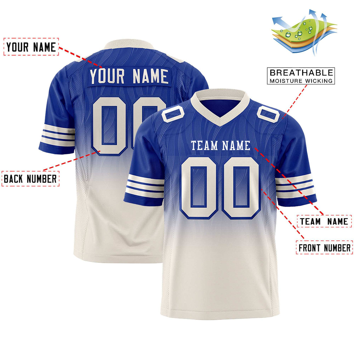 Custom Royal Cream Gradient Fashion Outdoor Flag Football Jersey