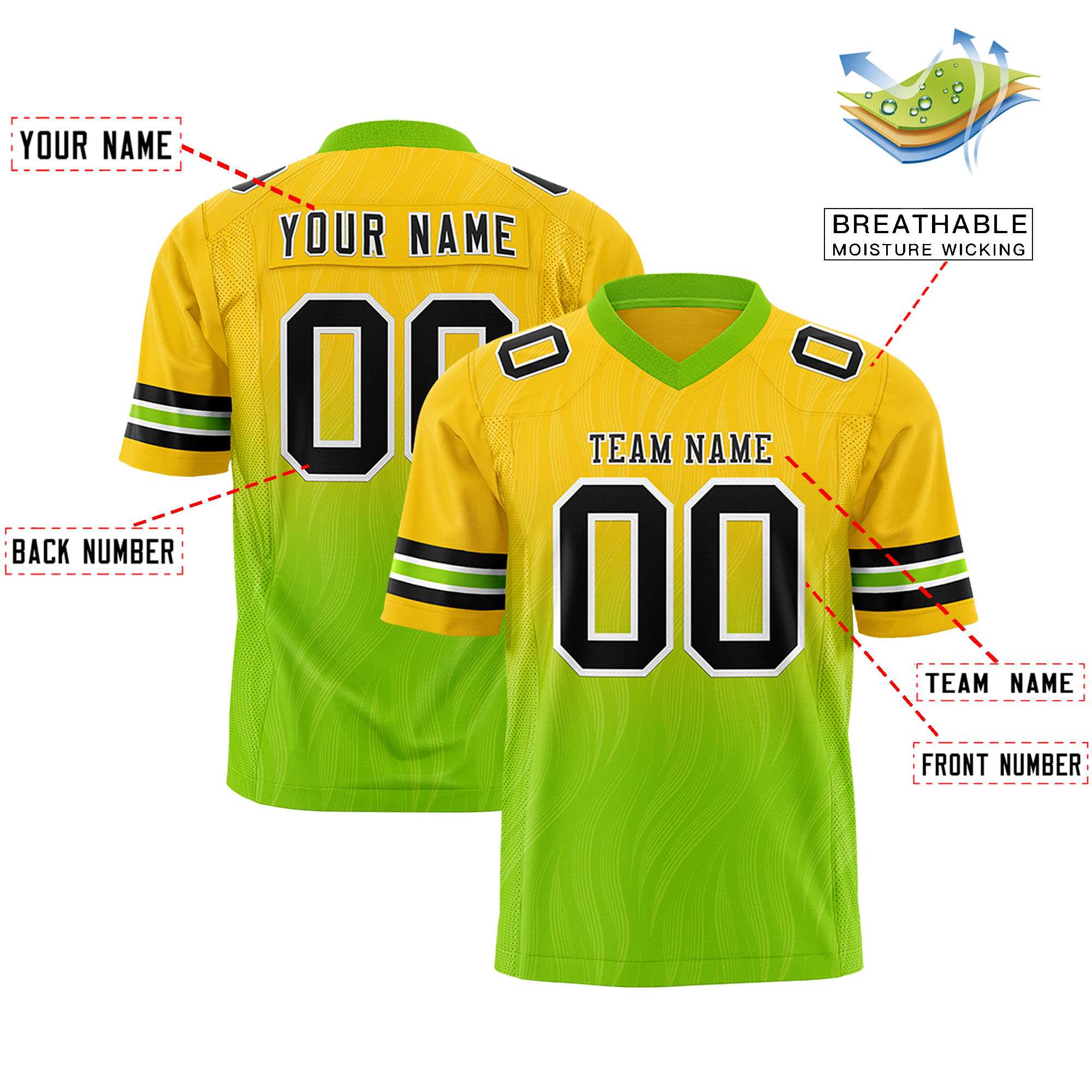Custom Gold Neon Green Gradient Fashion Outdoor Flag Football Jersey