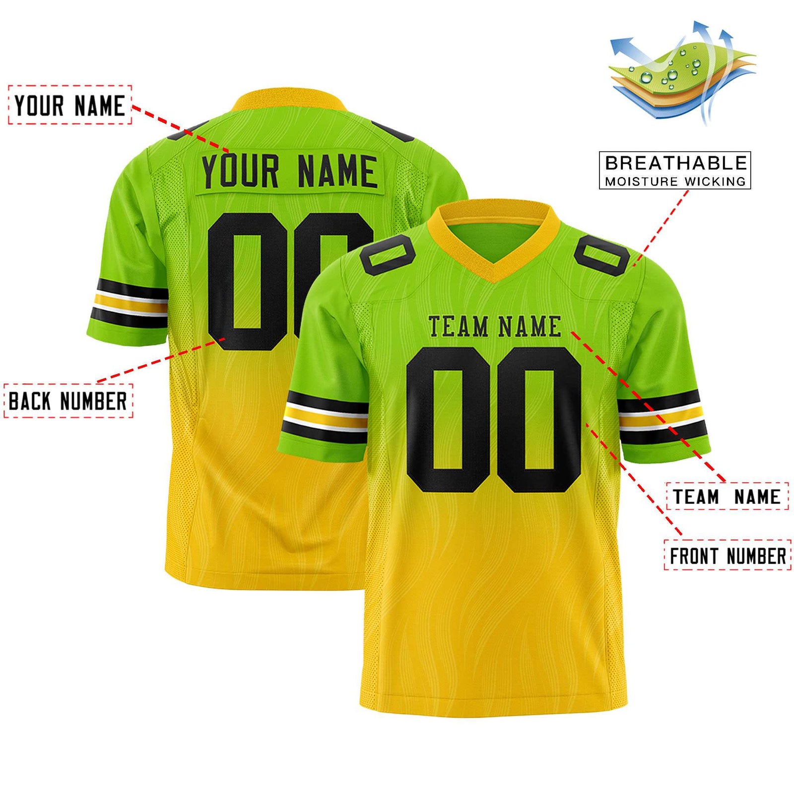 Custom Neon Green Gold Gradient Fashion Outdoor Flag Football Jersey
