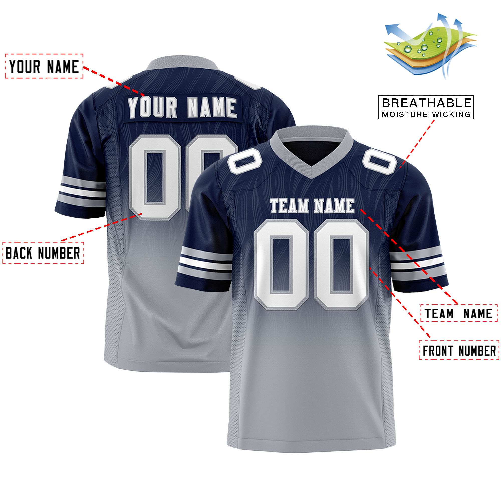 Custom Navy Gray Gradient Fashion Outdoor Flag Football Jersey