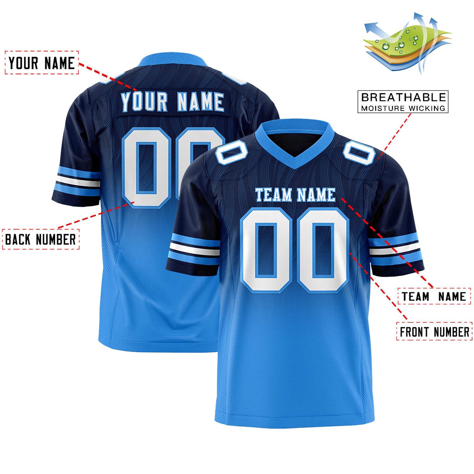 Custom Navy Powder Blue Gradient Fashion Outdoor Flag Football Jersey