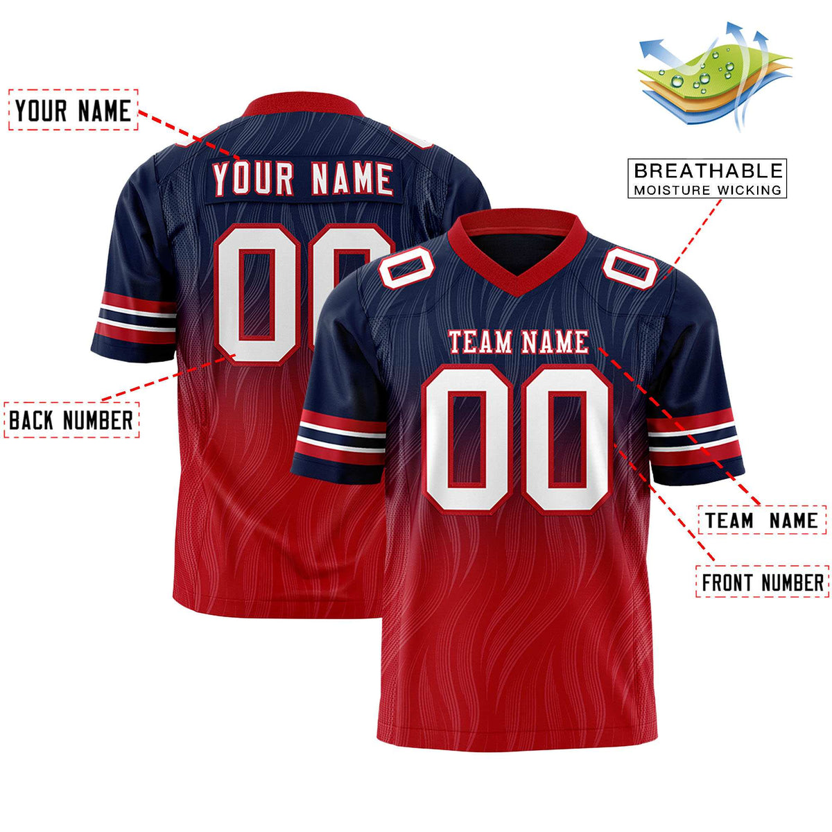 Custom Navy Red Gradient Fashion Outdoor Flag Football Jersey