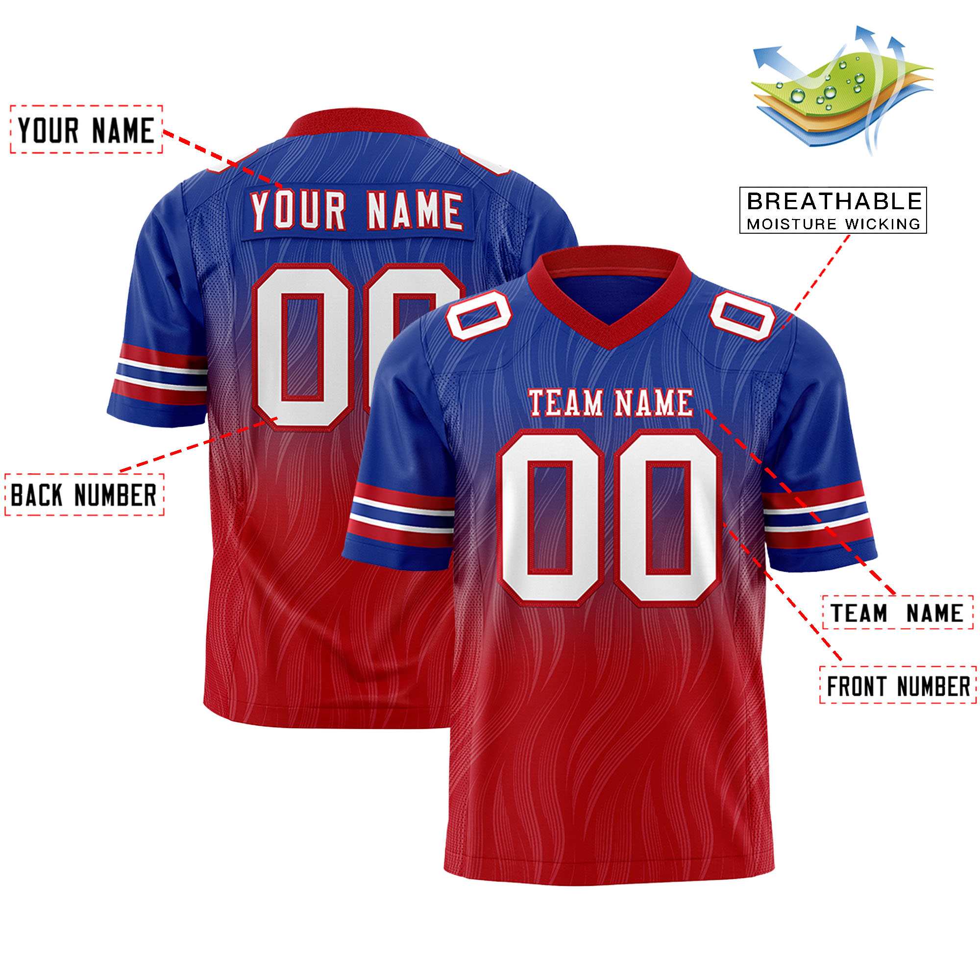 Custom Royal Red Gradient Fashion Outdoor Flag Football Jersey