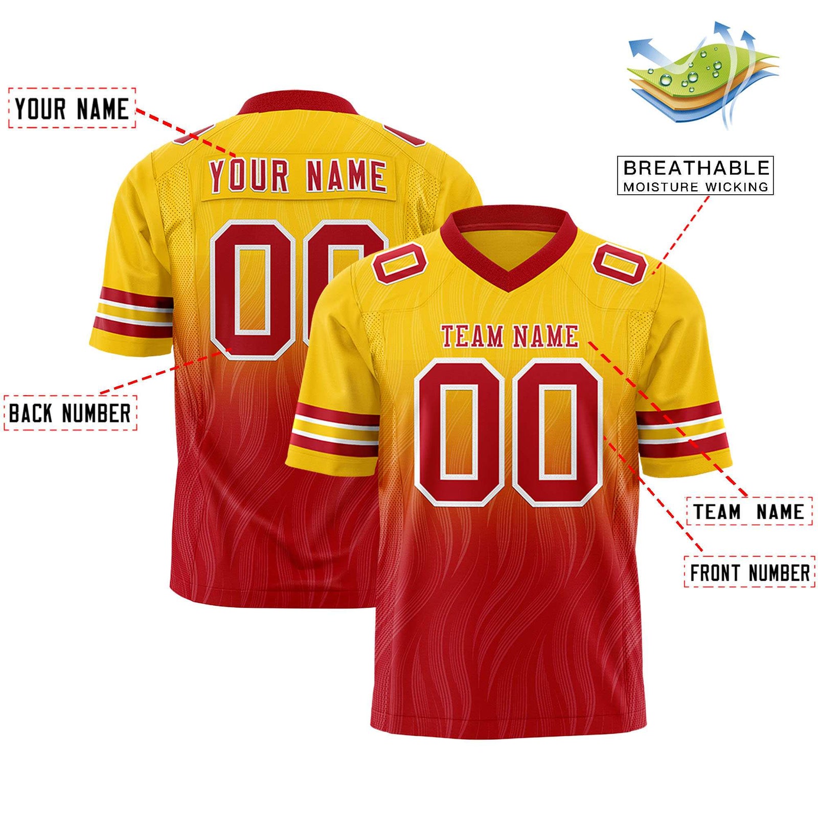 Custom Gold Red Gradient Fashion Outdoor Flag Football Jersey