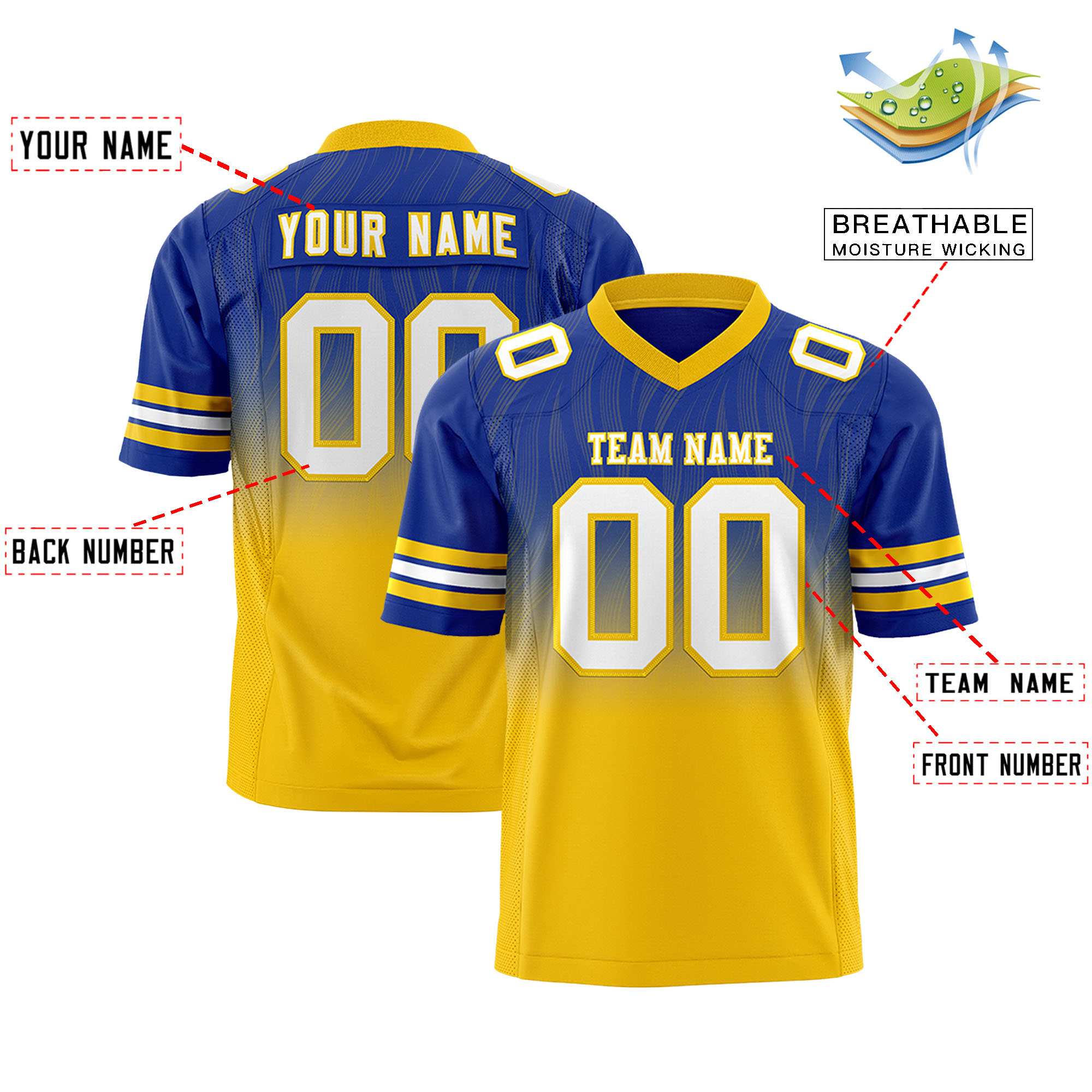 Custom Royal Gold Gradient Fashion Outdoor Flag Football Jersey